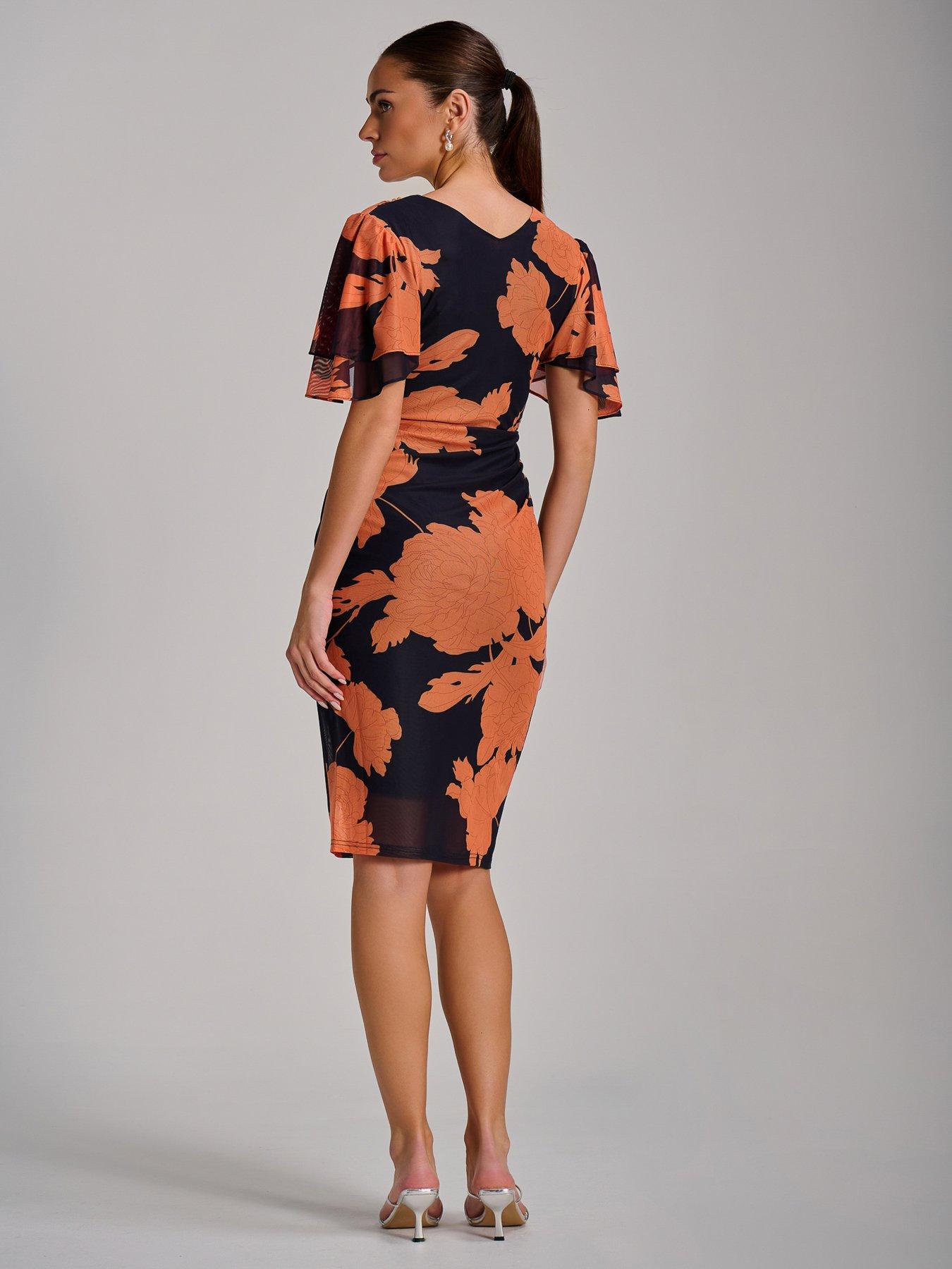 Image 2 of 7 of Jolie Moi Angel Sleeve Ruched Mesh Bodycon Dress - Orange