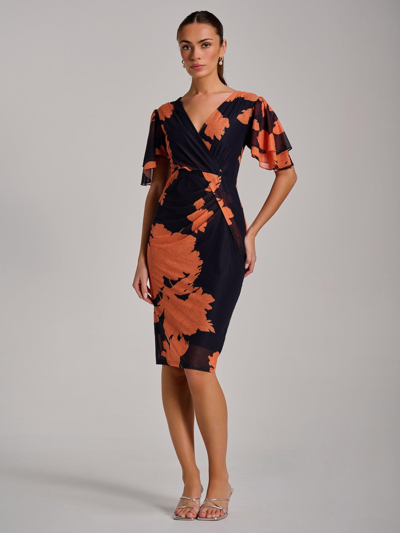 Image 3 of 7 of Jolie Moi Angel Sleeve Ruched Mesh Bodycon Dress - Orange