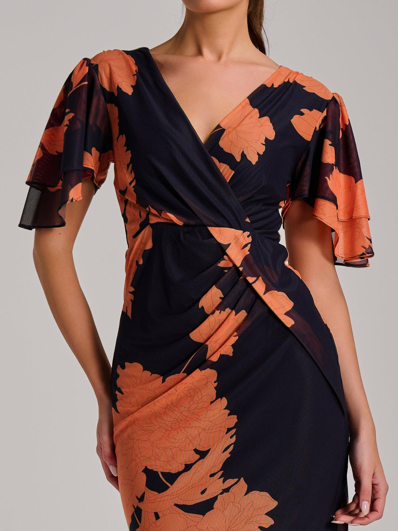 Image 4 of 7 of Jolie Moi Angel Sleeve Ruched Mesh Bodycon Dress - Orange