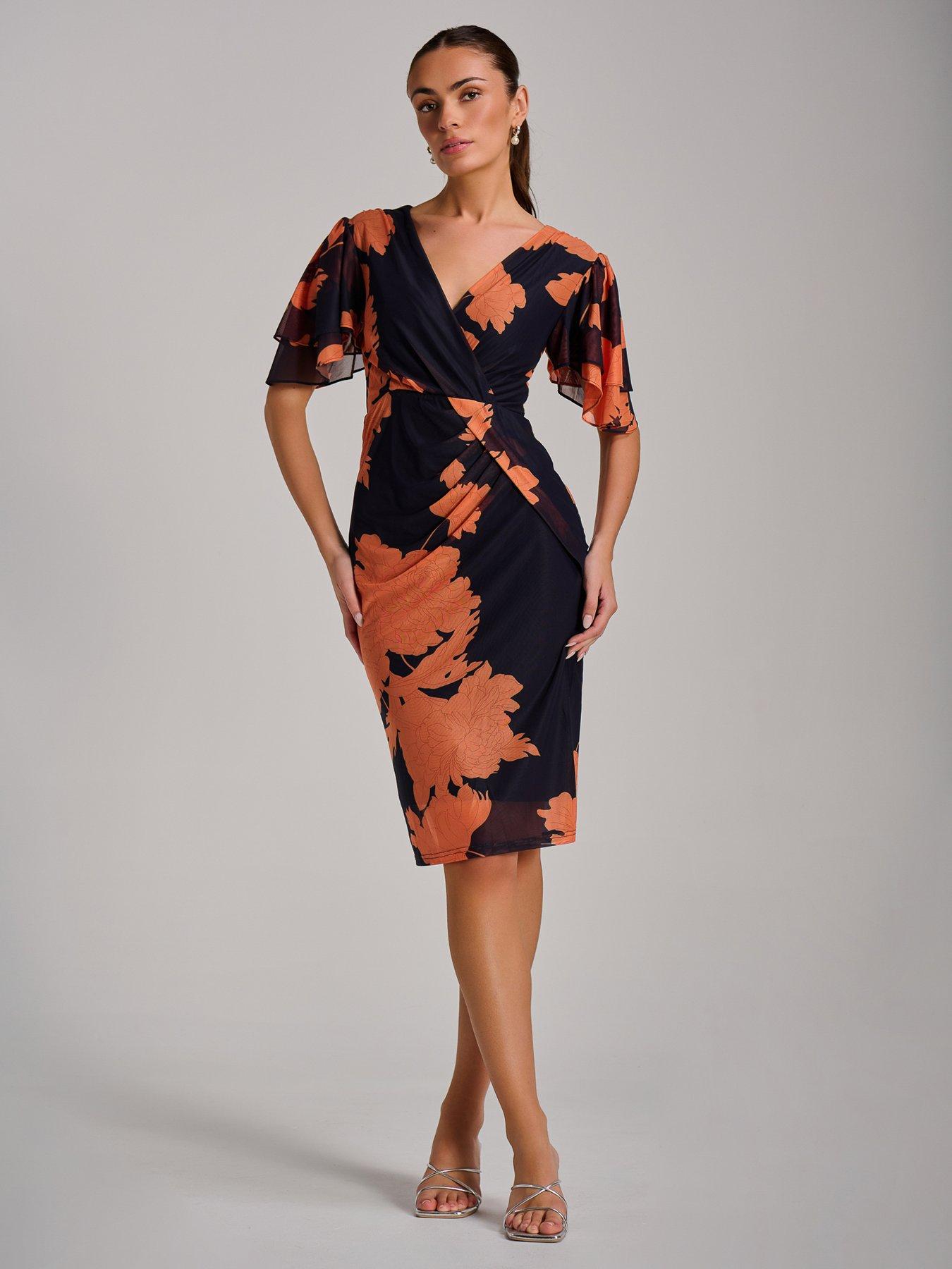 Image 6 of 7 of Jolie Moi Angel Sleeve Ruched Mesh Bodycon Dress - Orange