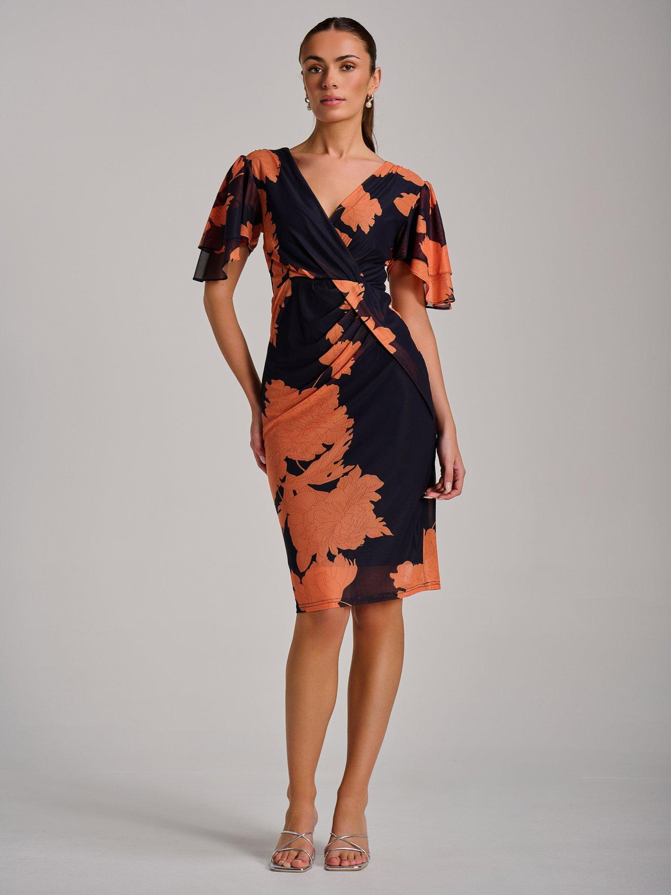 Image 7 of 7 of Jolie Moi Angel Sleeve Ruched Mesh Bodycon Dress - Orange