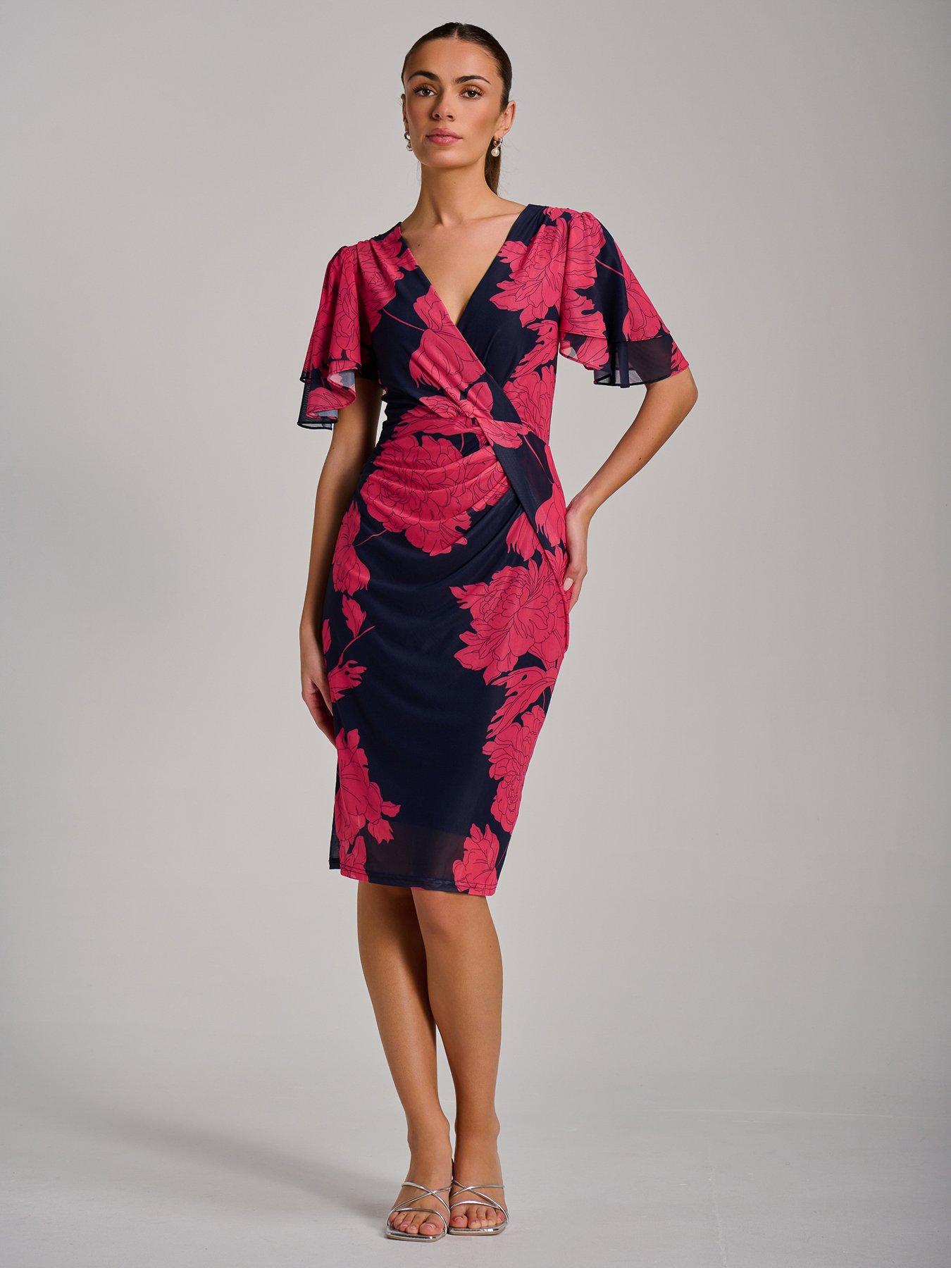 Jolie Moi Angel Sleeve Ruched Mesh Bodycon Dress - Red