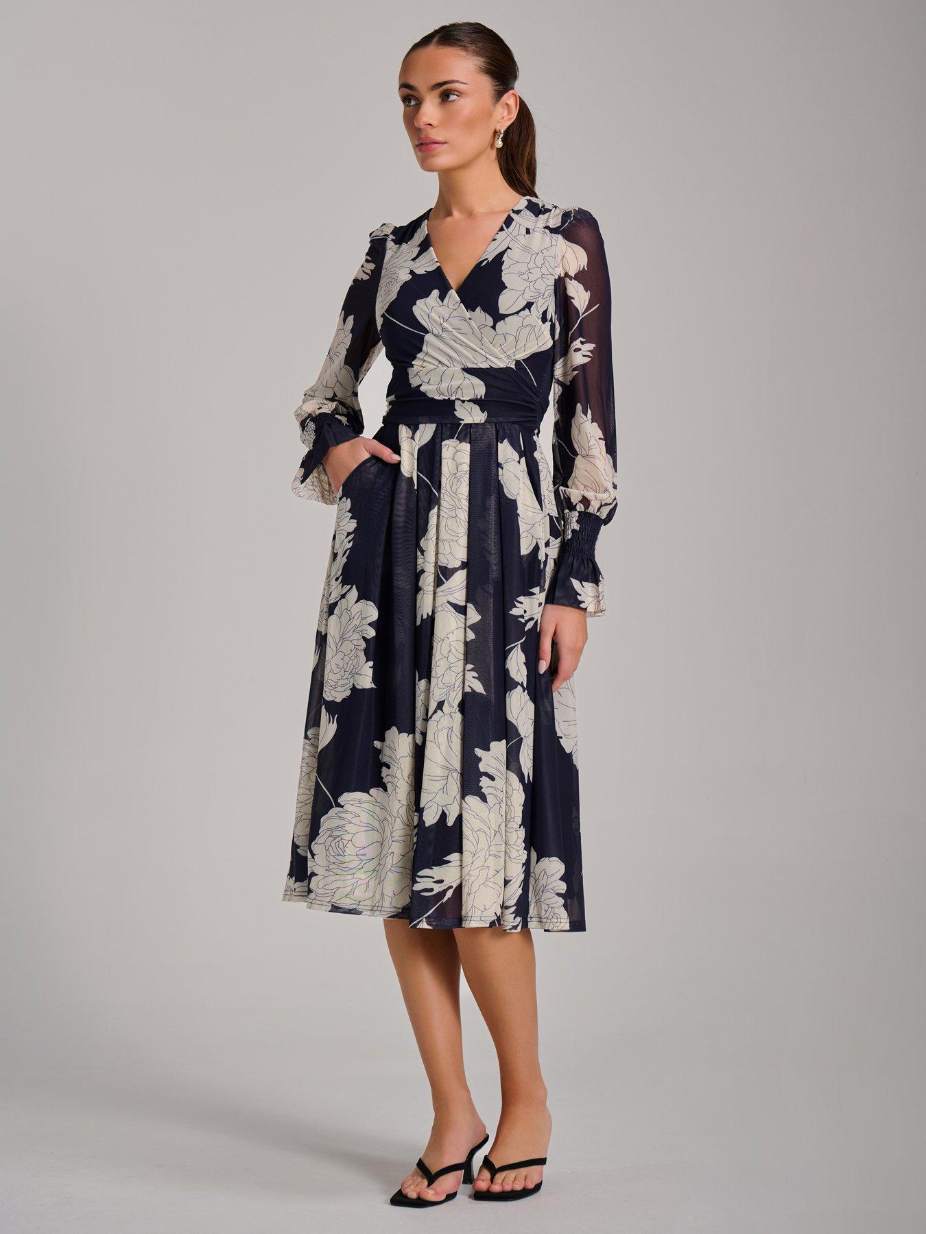 Jolie Moi Long Sleeve Printed Mesh Midi Dress