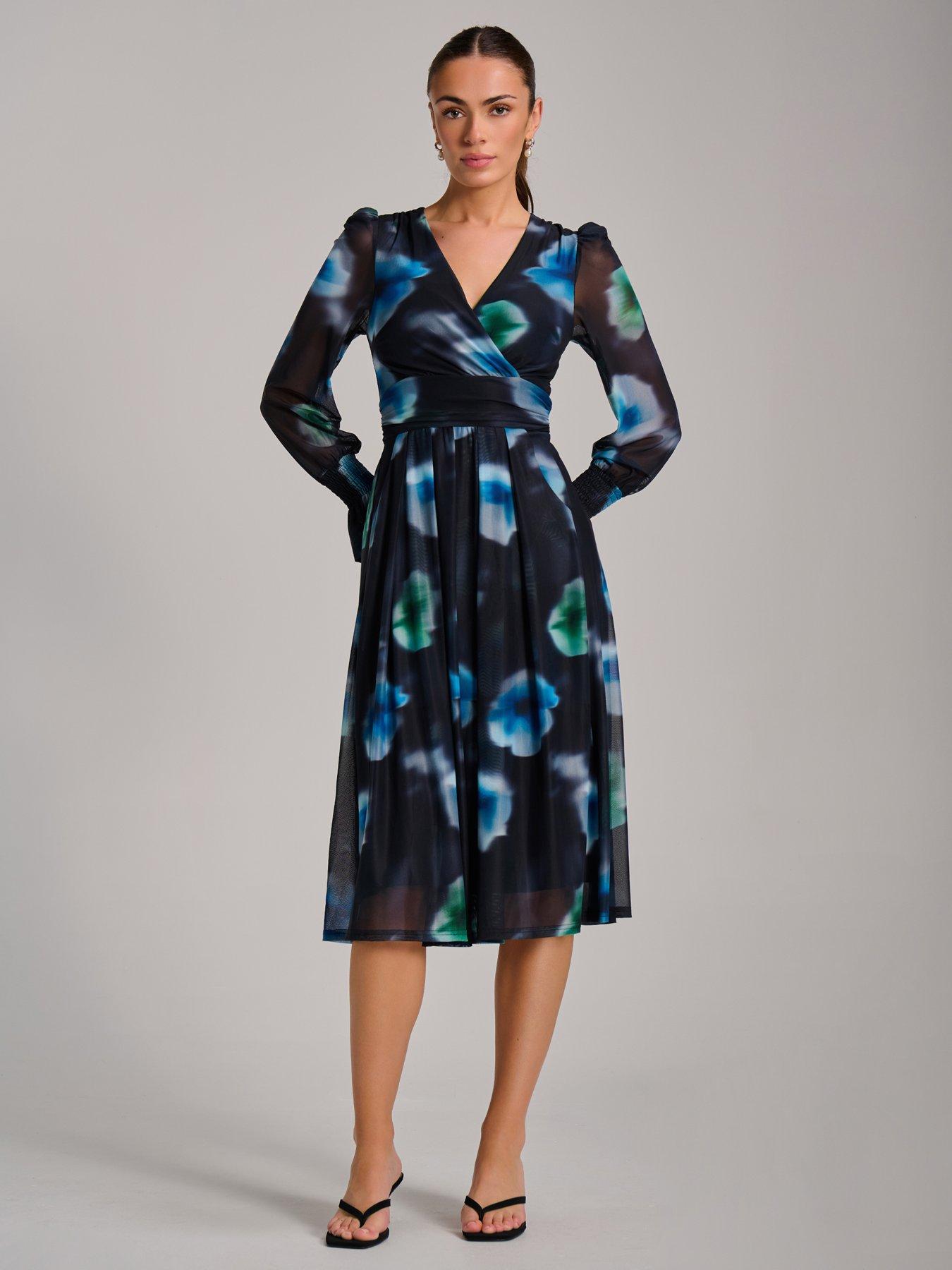 Jolie Moi Long Sleeve Printed Mesh Midi Dress