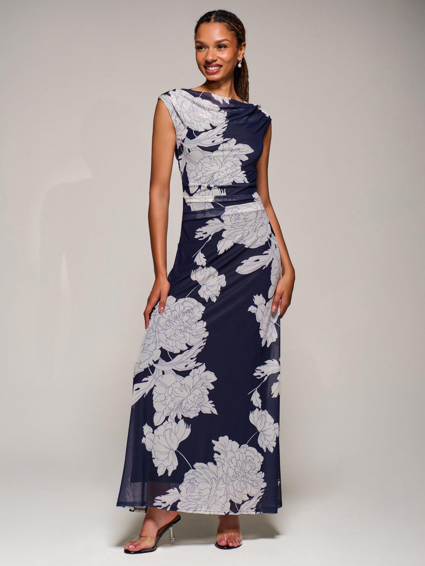 Jolie Moi Multiway Neckline Mesh Maxi Dress - Navy