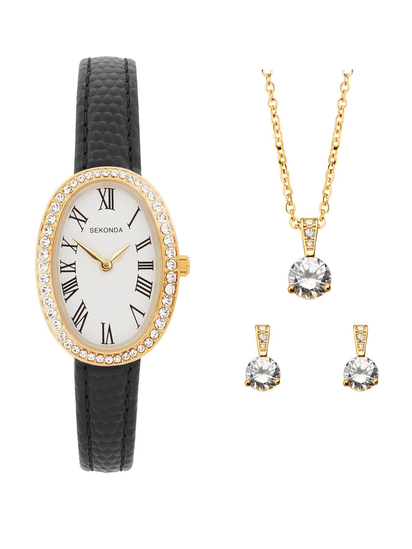 Sekonda Womens Bellamy Black Leather Strap with Stone Set White Dial, matching Pendant and Stud Earrings Analogue Gift Set