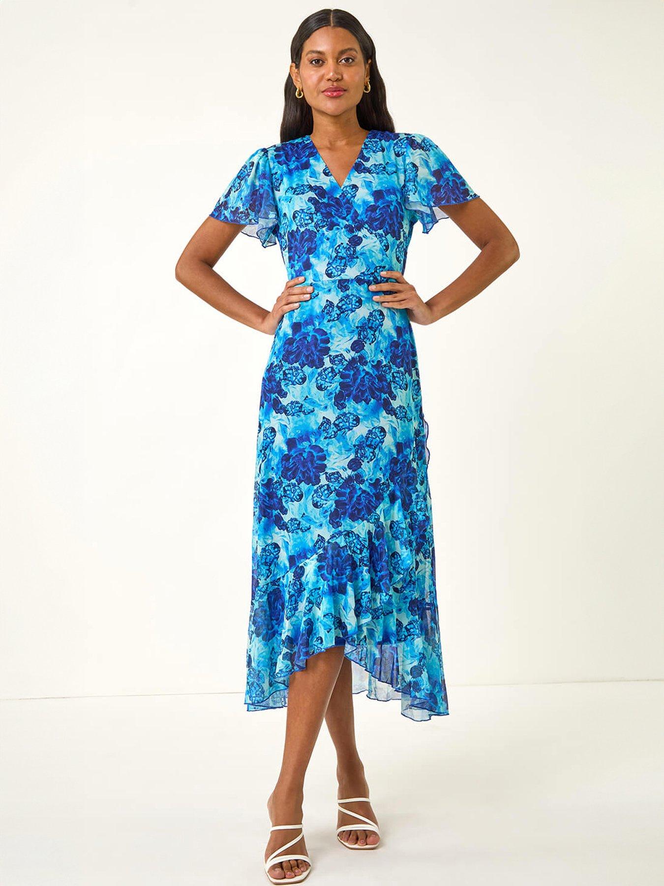Roman Floral Frill Mesh Stretch Dress