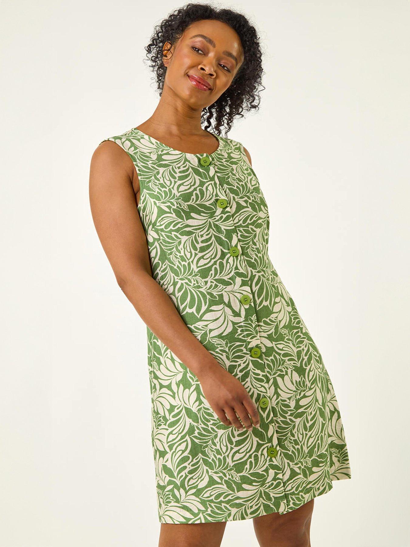 Image 1 of 5 of Roman Petite Leaf Print Buttoned A-Line Dress