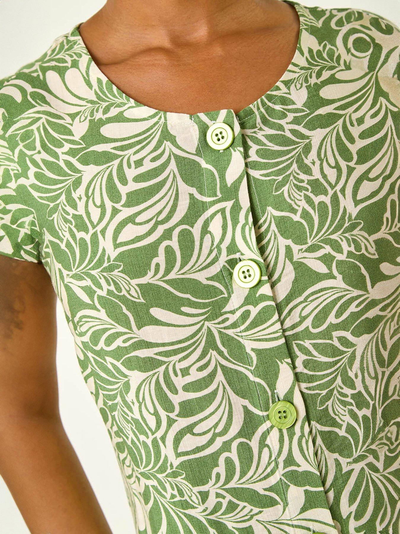 Image 4 of 5 of Roman Petite Leaf Print Buttoned A-Line Dress