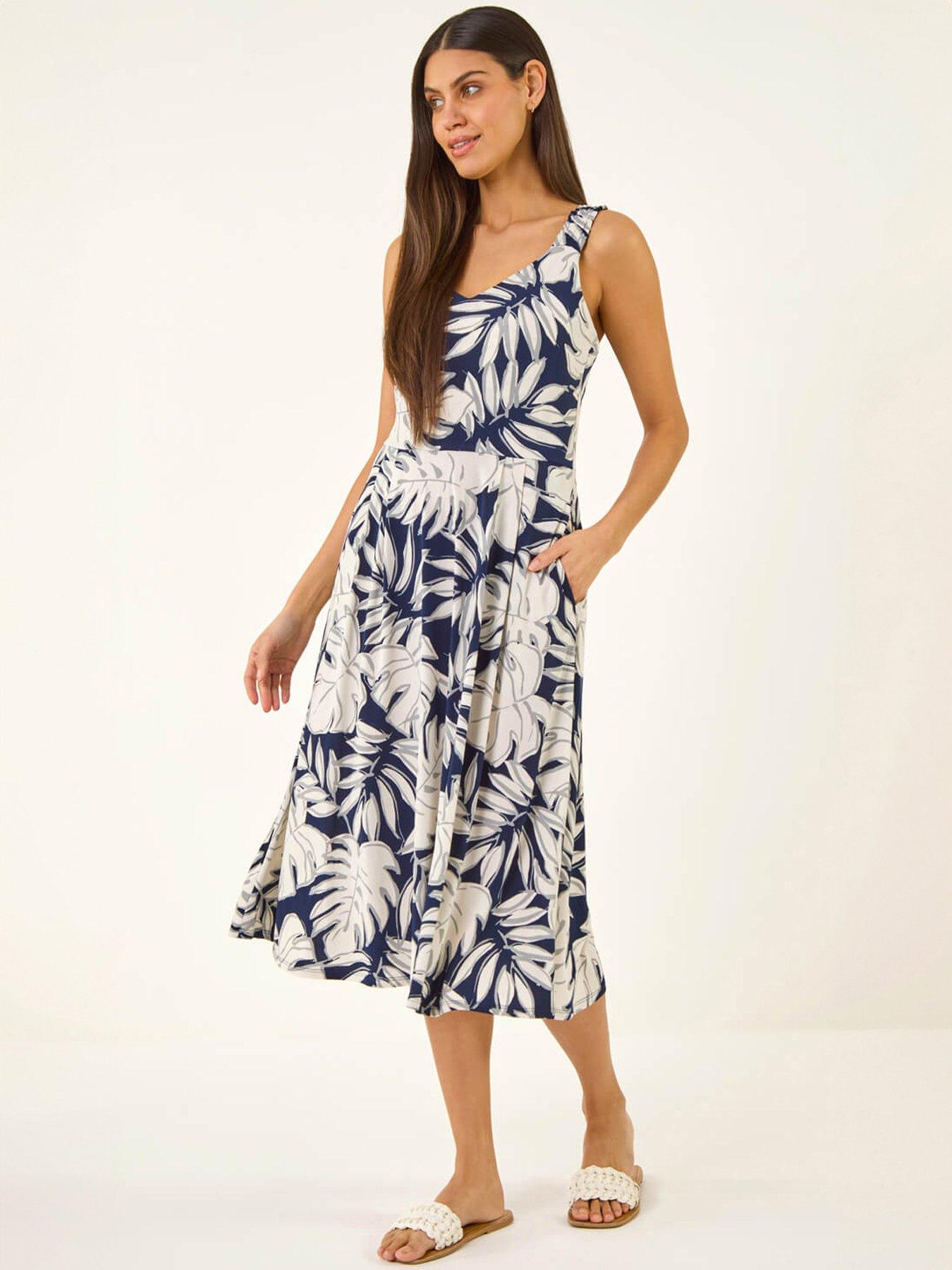 Image 1 of 5 of Roman Palm Leaf Print Midi Dress