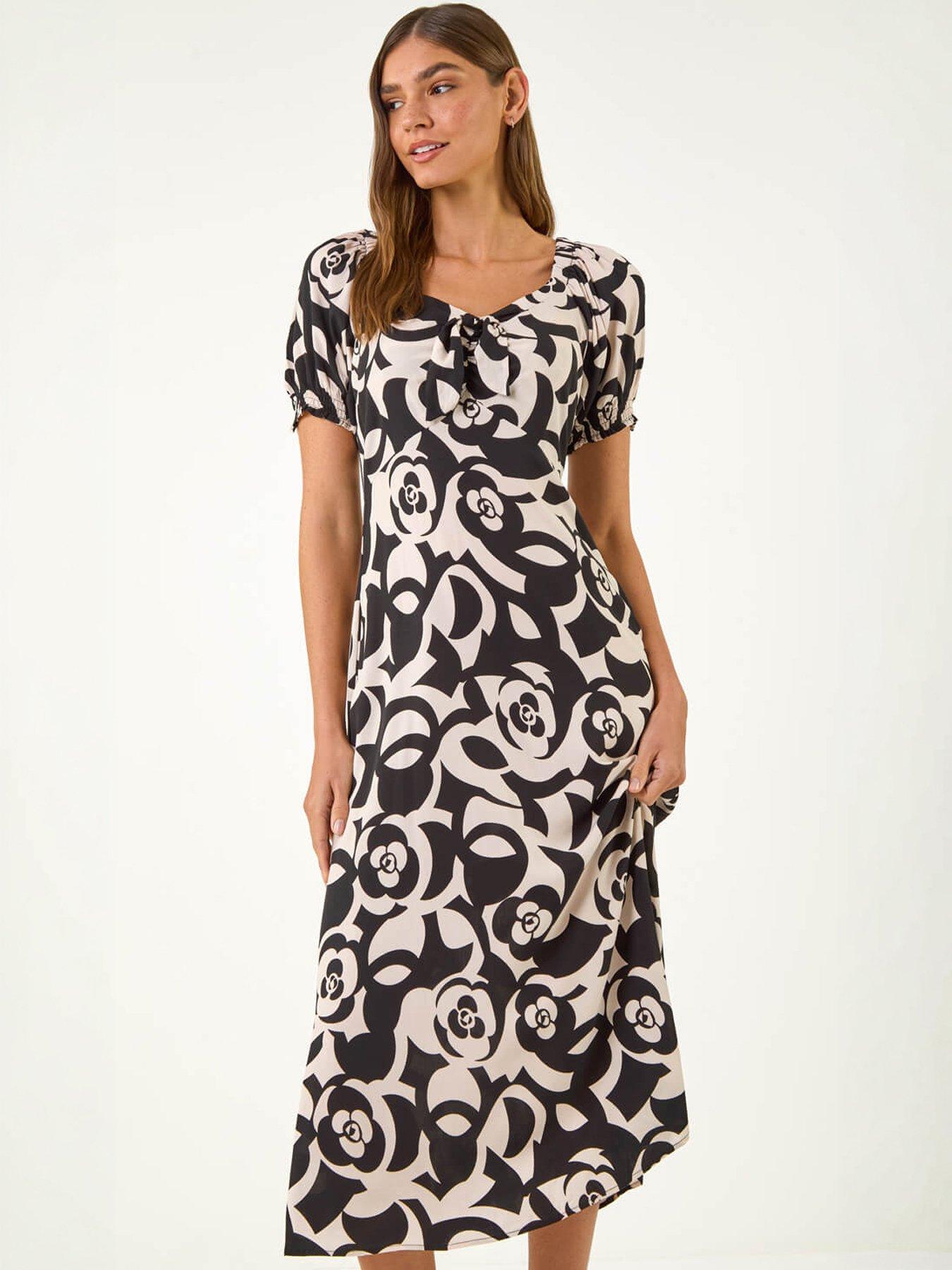 Roman Rose Print Ruched Midi Dress