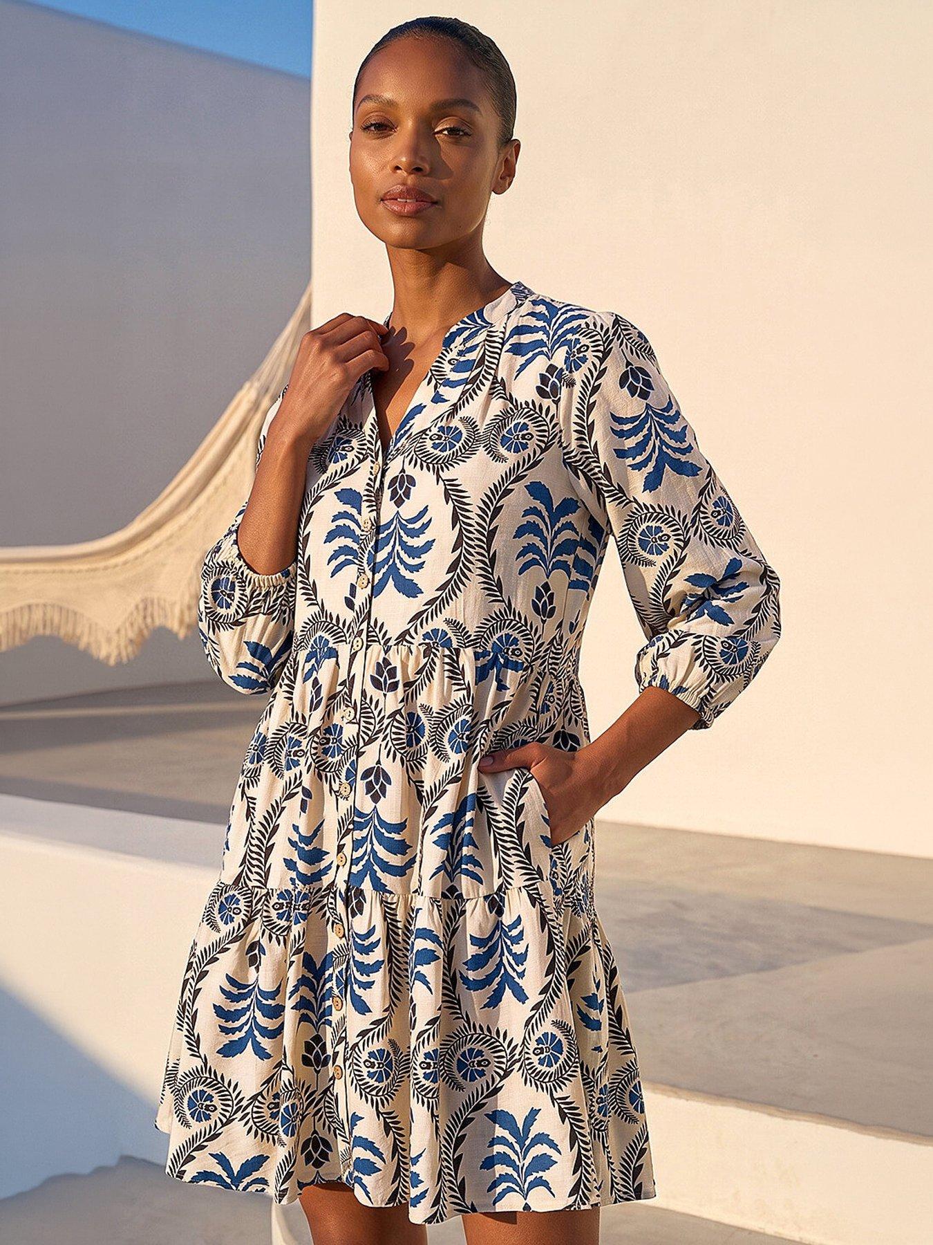 front image of roman-leaf-border-print-smock-dress
