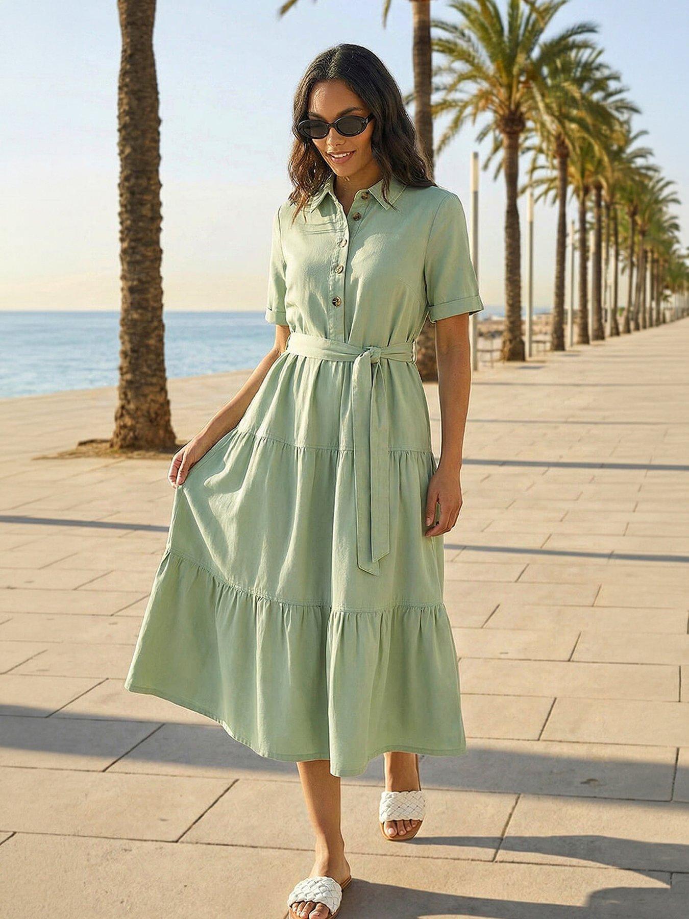 Roman Button Detail Tiered Midi Dress