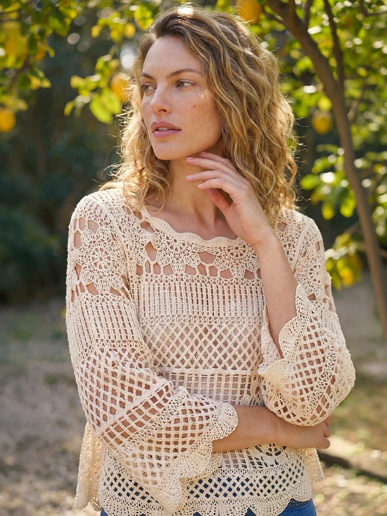 Roman Crochet Knit Flared Sleeve Top