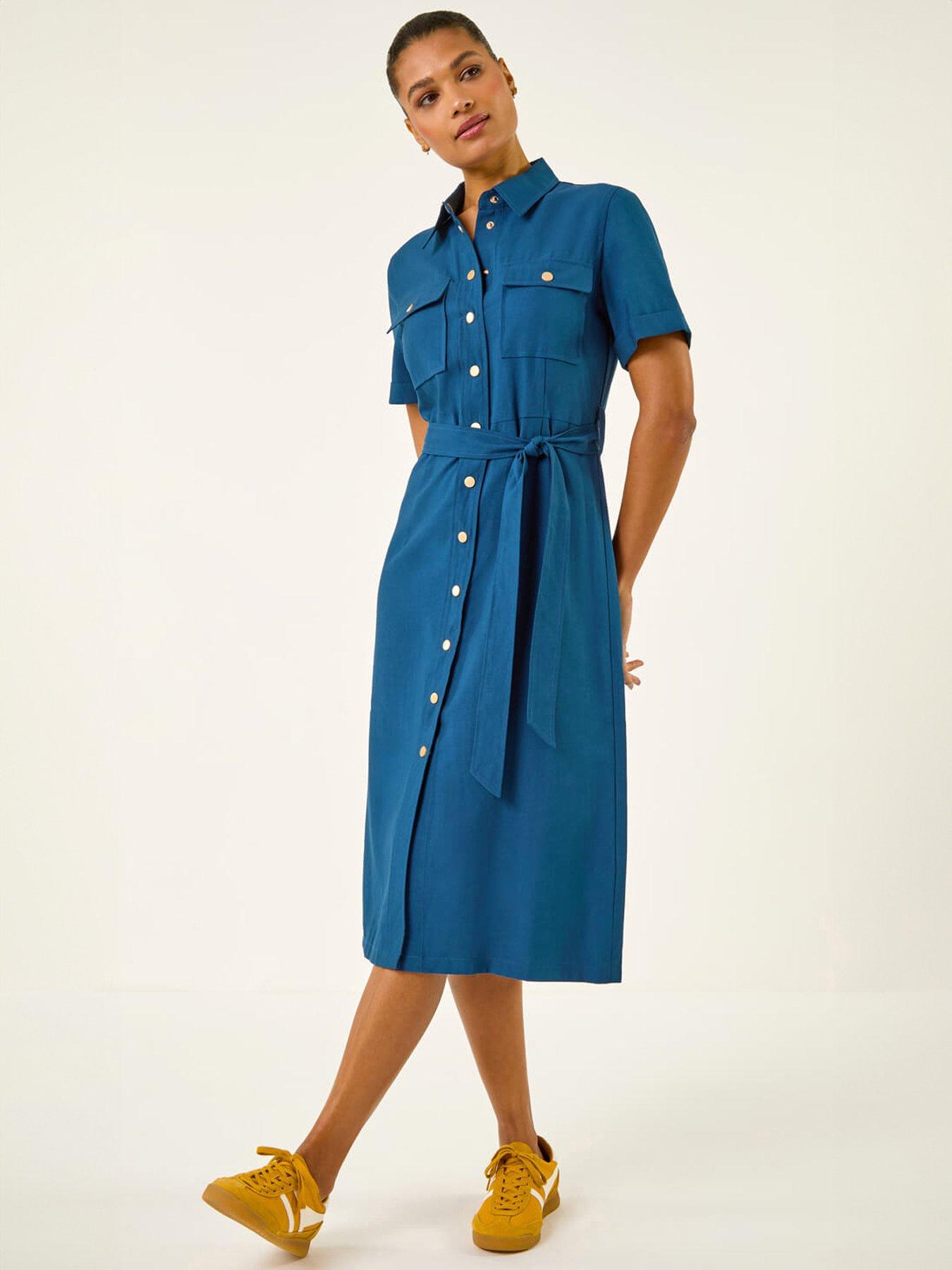 Roman Button Belted Collared Shirt Dress