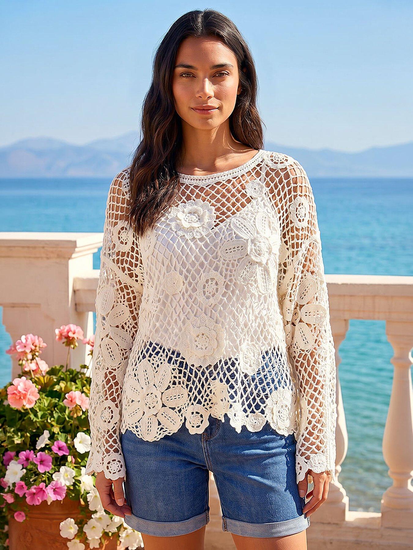 Roman Floral Open Crochet Knit Tunic