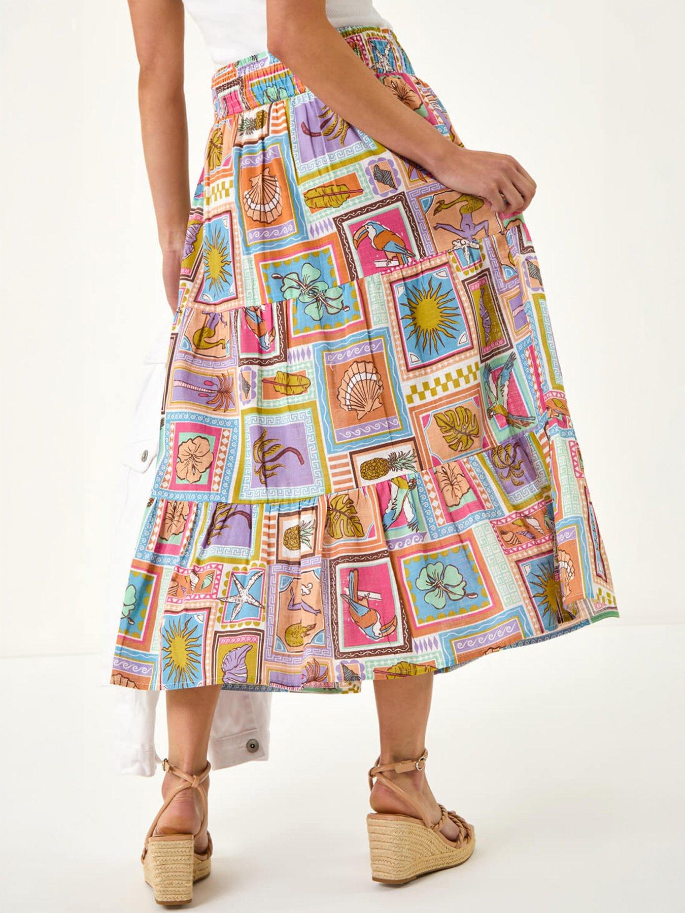 Image 2 of 5 of Roman Petite Patchwork Print Shirred Midi Skirt