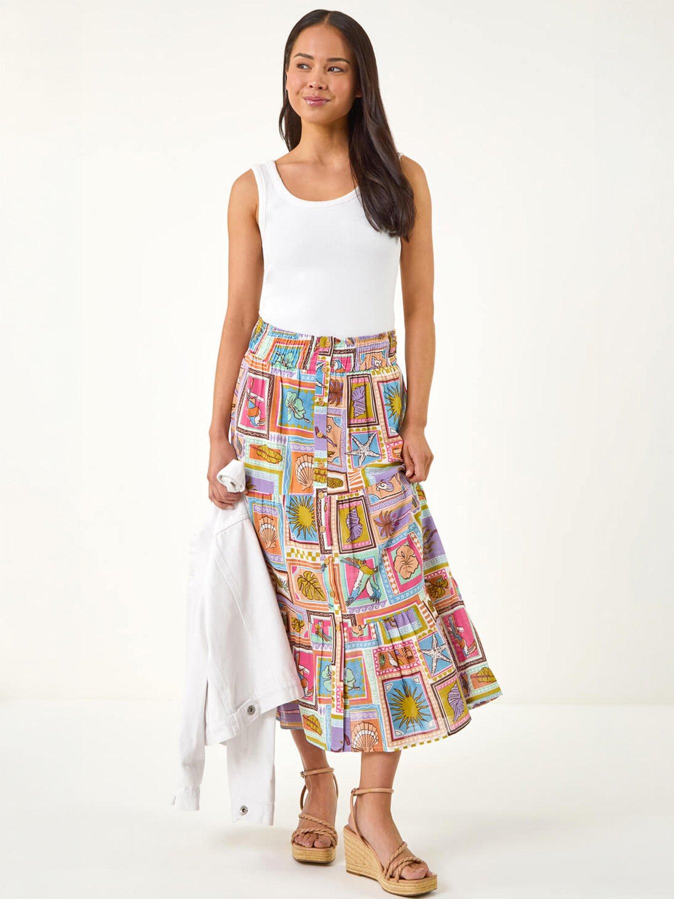 Image 3 of 5 of Roman Petite Patchwork Print Shirred Midi Skirt