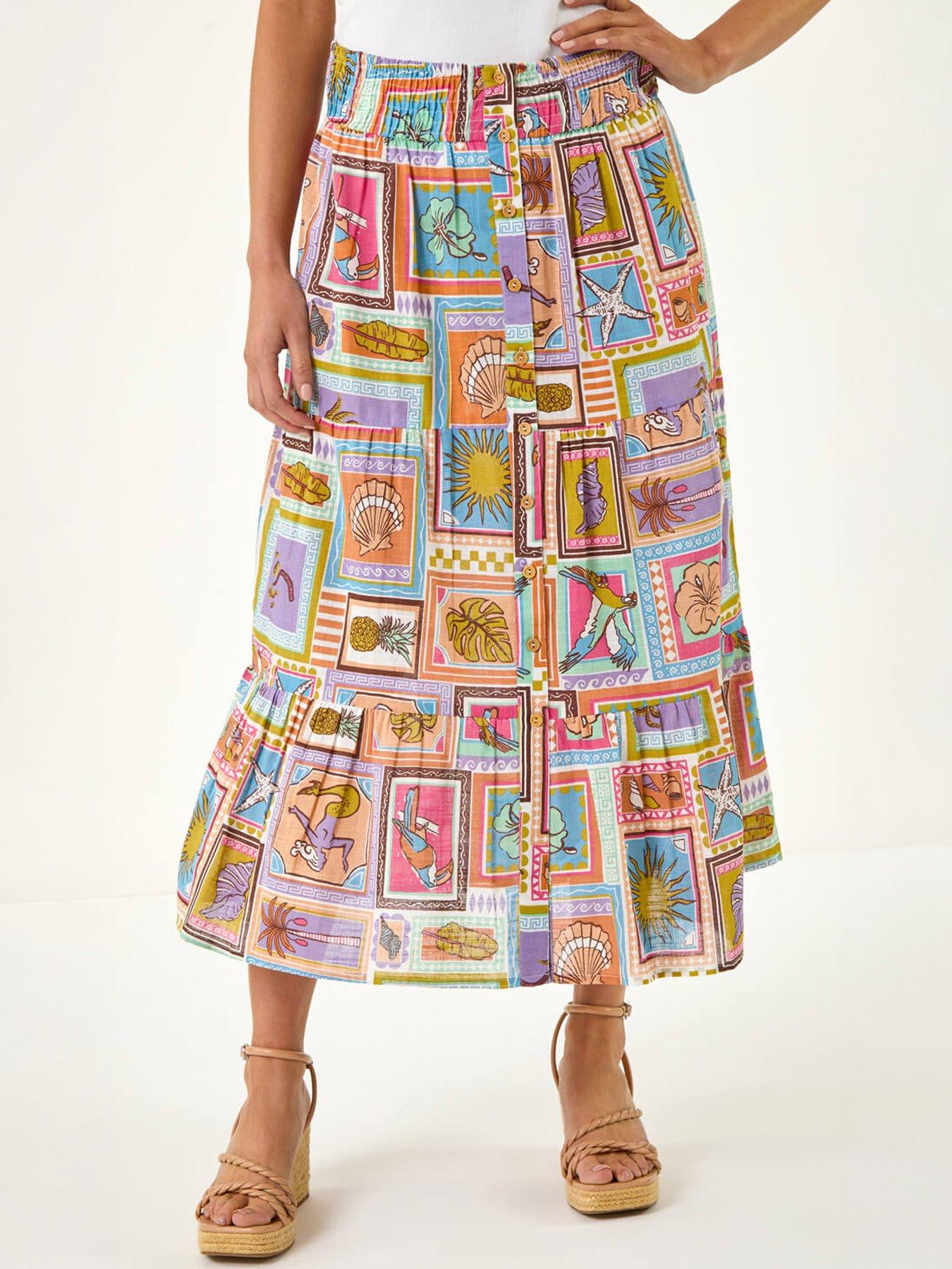 Image 4 of 5 of Roman Petite Patchwork Print Shirred Midi Skirt