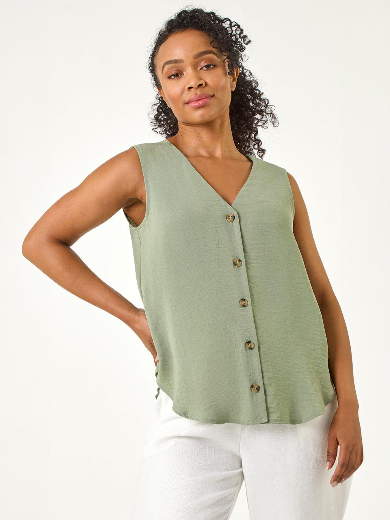 Roman Petite V-Neck Front Button Blouse