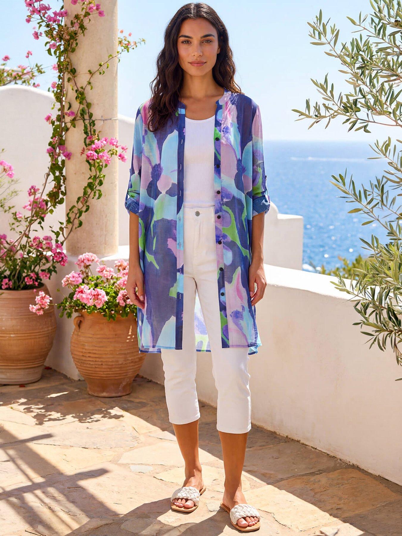 front image of roman-abstract-print-button-longline-blouse