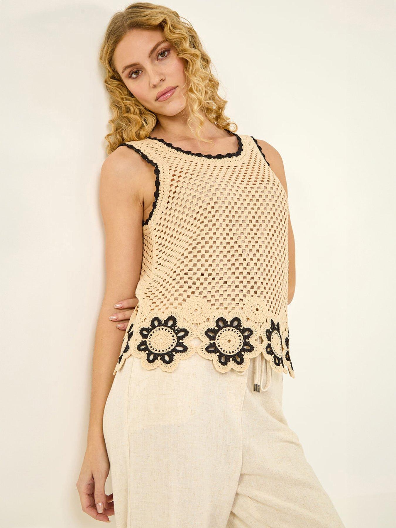 Roman Crochet Floral Knit Vest - Cream