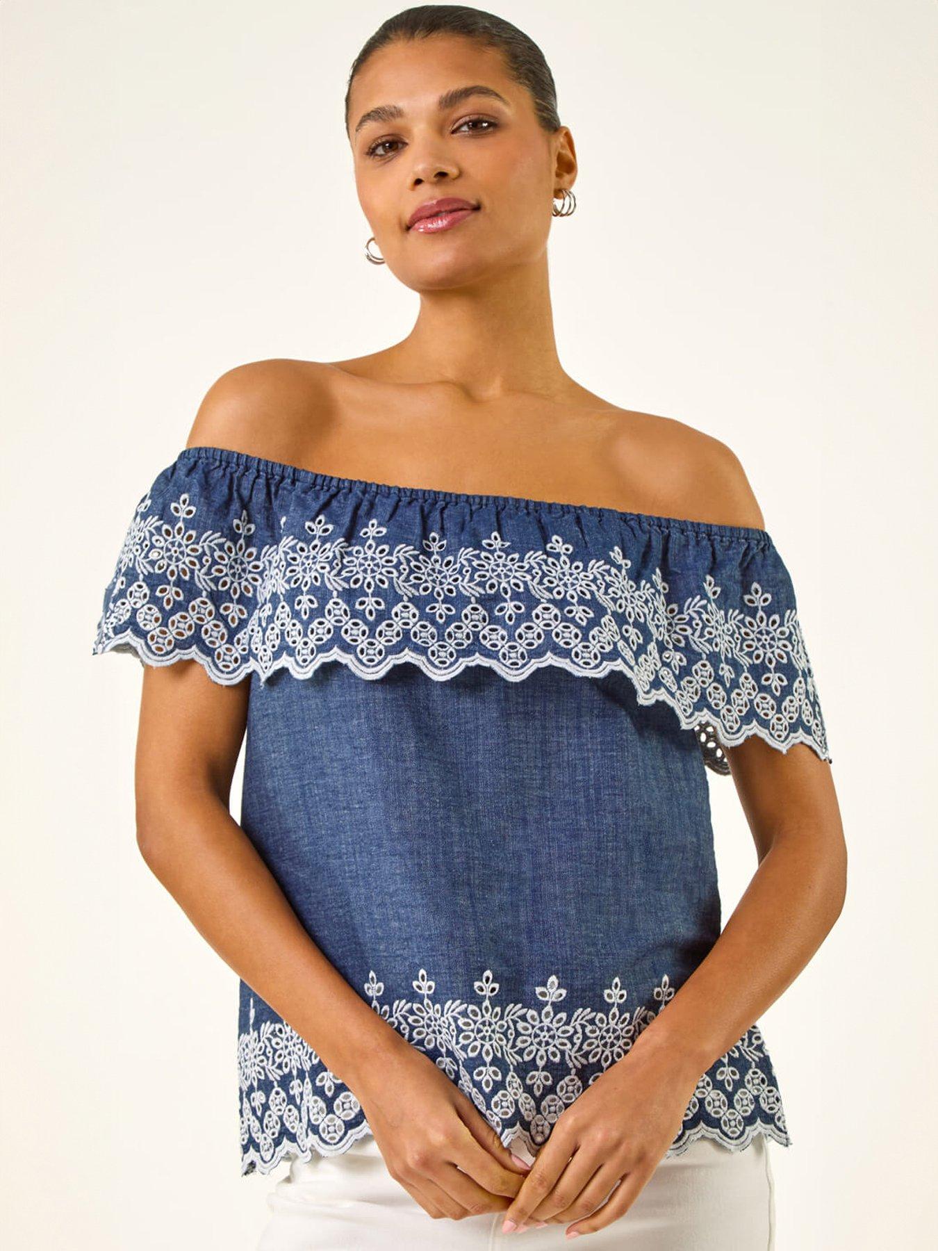 front image of roman-embroidery-detail-bardot-top