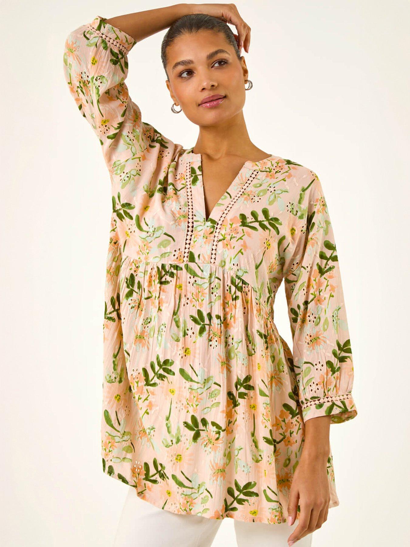 Roman Floral Broidery Trim Tunic Top