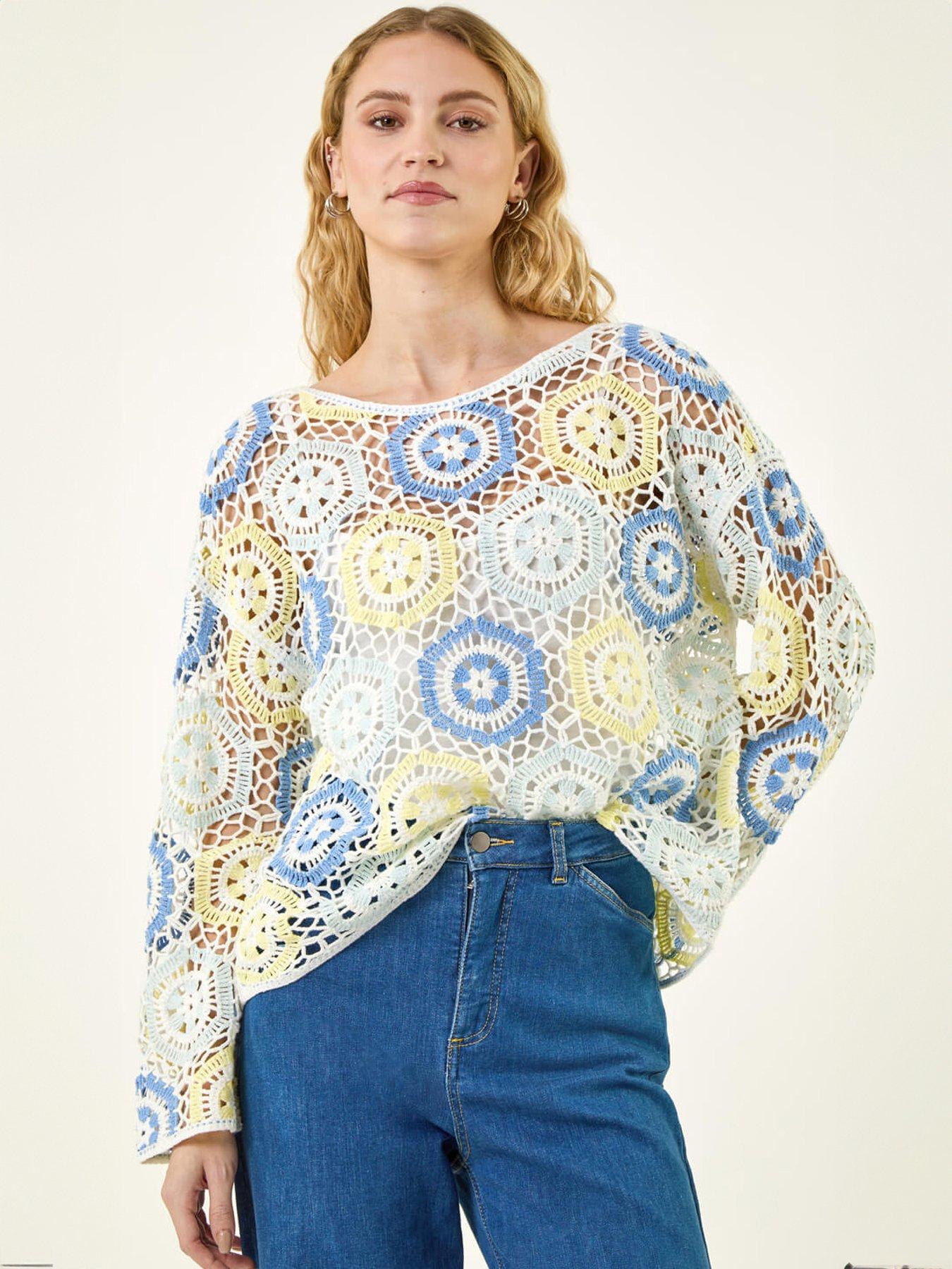  image of roman-floral-crochet-knit-top