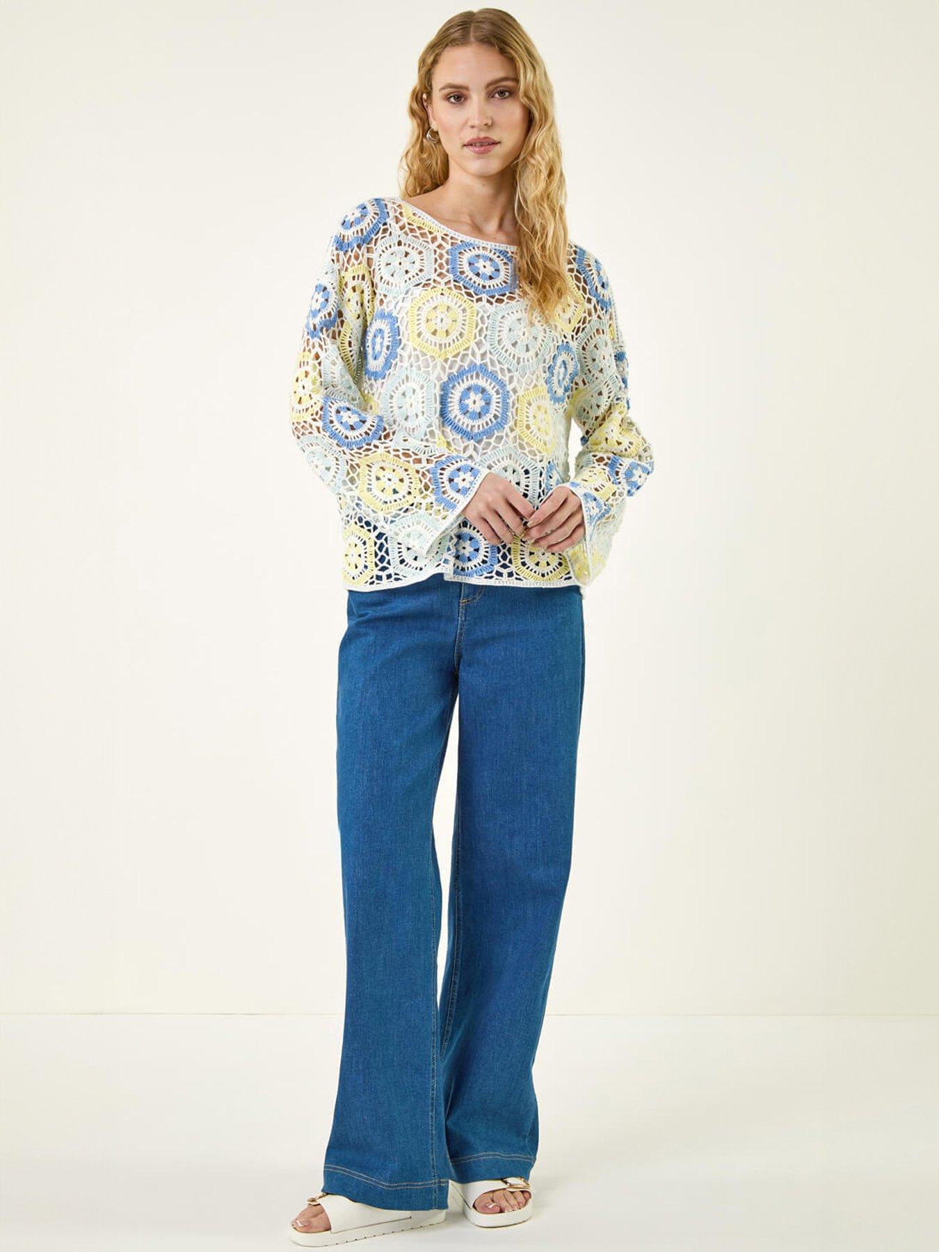  image of roman-floral-crochet-knit-top