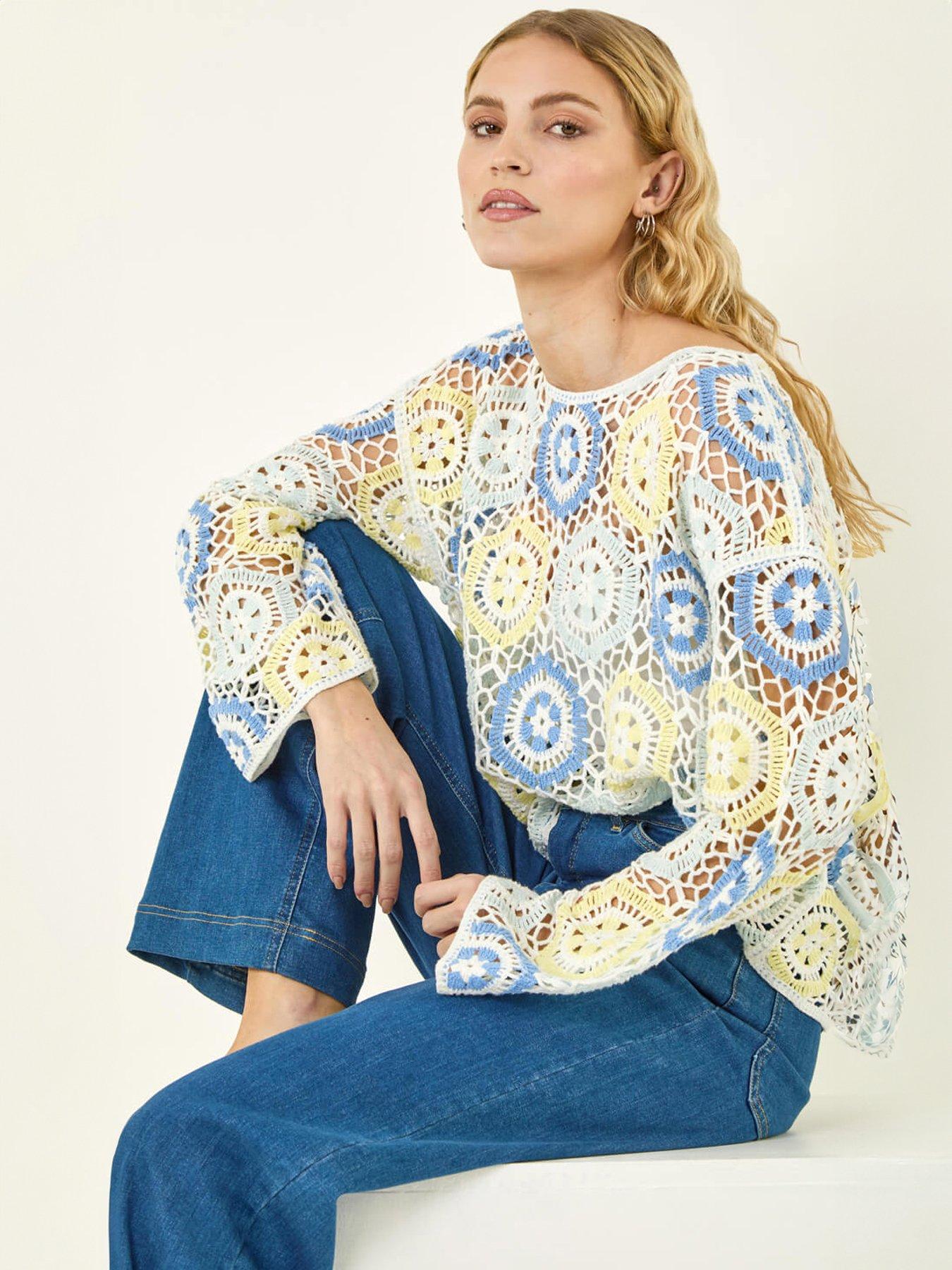  image of roman-floral-crochet-knit-top