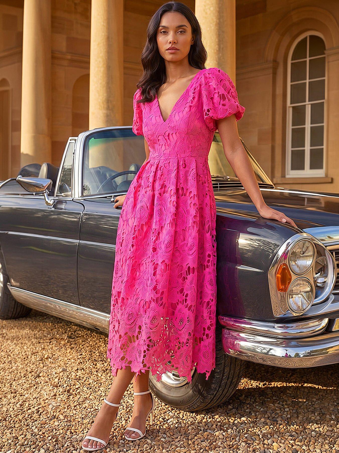 Roman Crochet Lace V-Neck Midi Dress