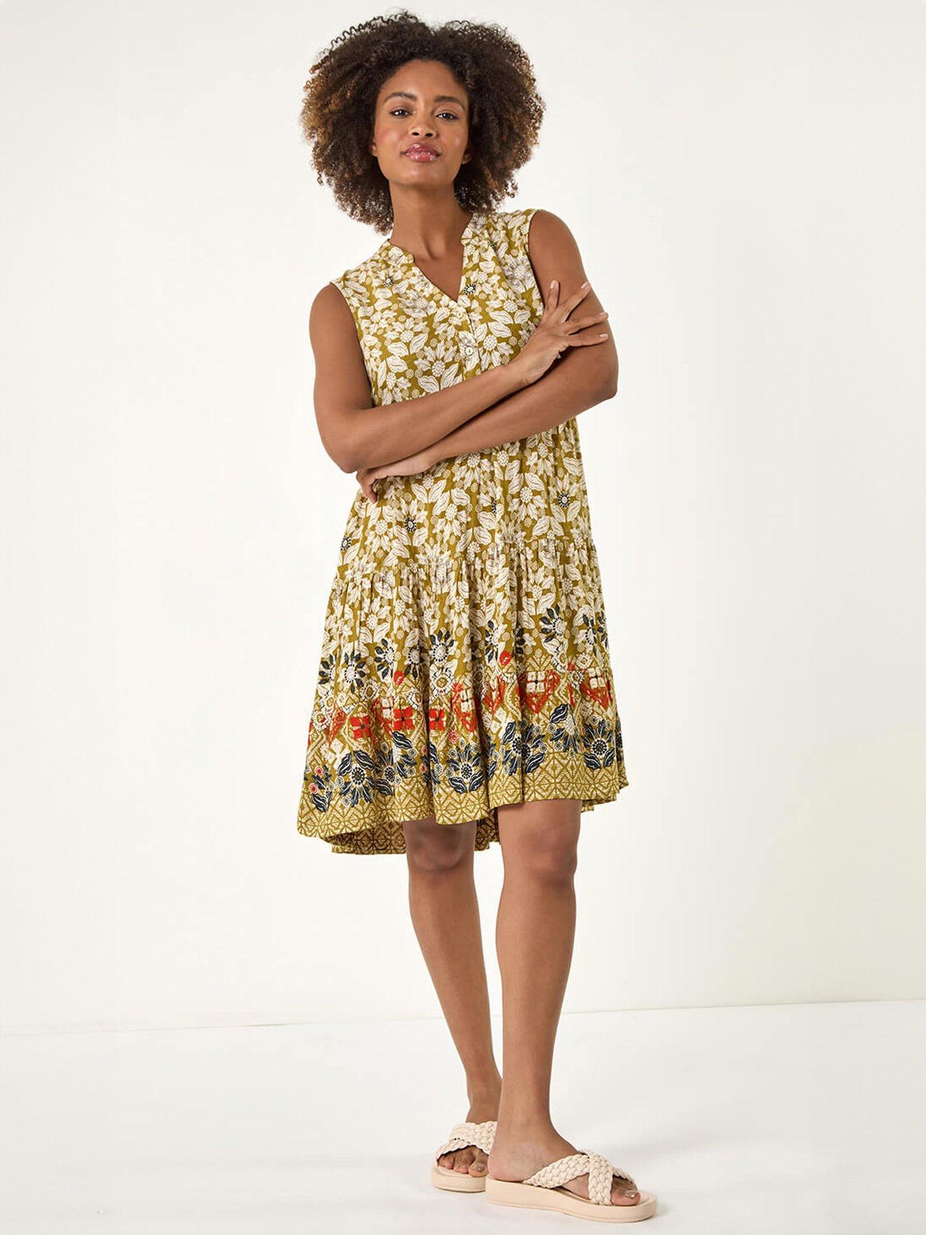 Image 3 of 5 of Roman Leaf Print Button Smock Dress