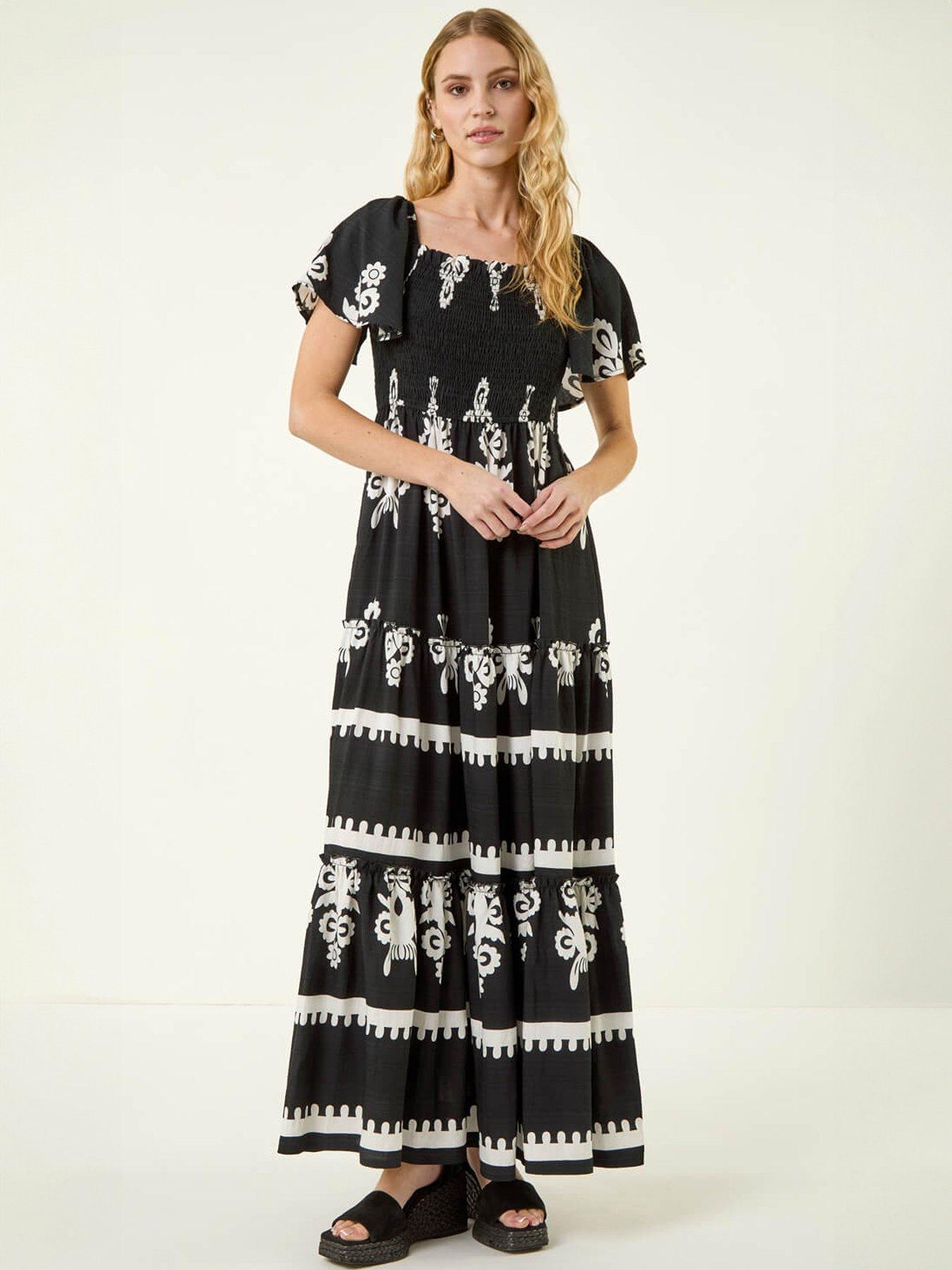 Roman Border Print Shirred Midi Dress