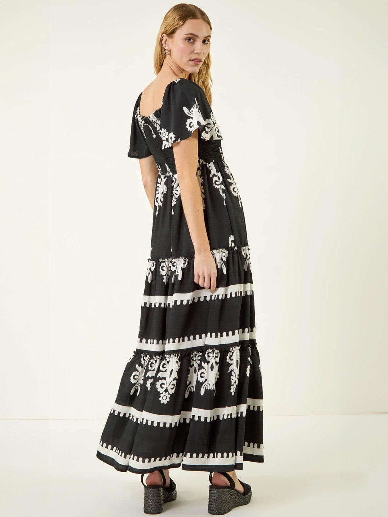 Image 2 of 5 of Roman Border Print Shirred Midi Dress
