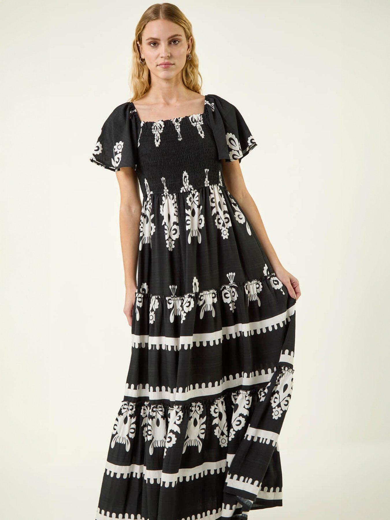 Image 3 of 5 of Roman Border Print Shirred Midi Dress