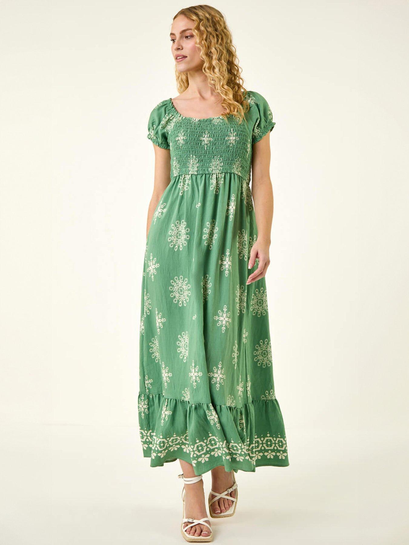 Roman Borderie Shirred Maxi Dress