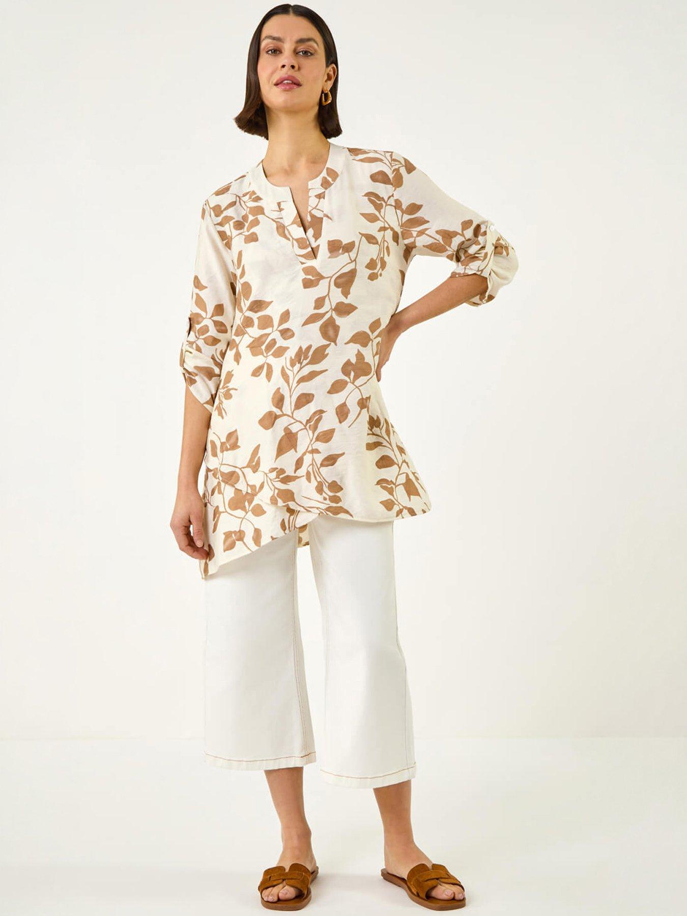 Roman Leaf Print Wrap Hem Tunic Top