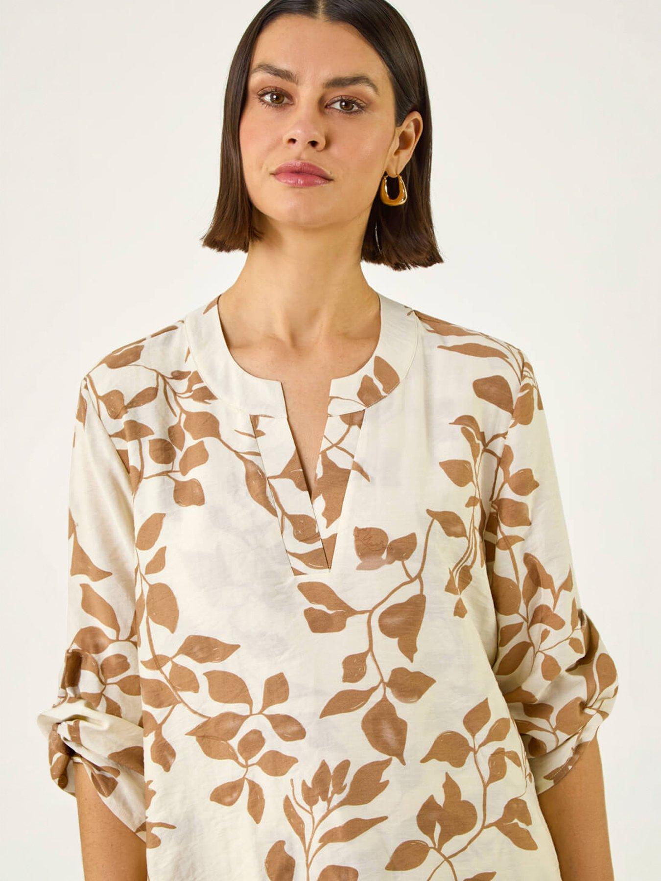  image of roman-leaf-print-wrap-hem-tunic-top
