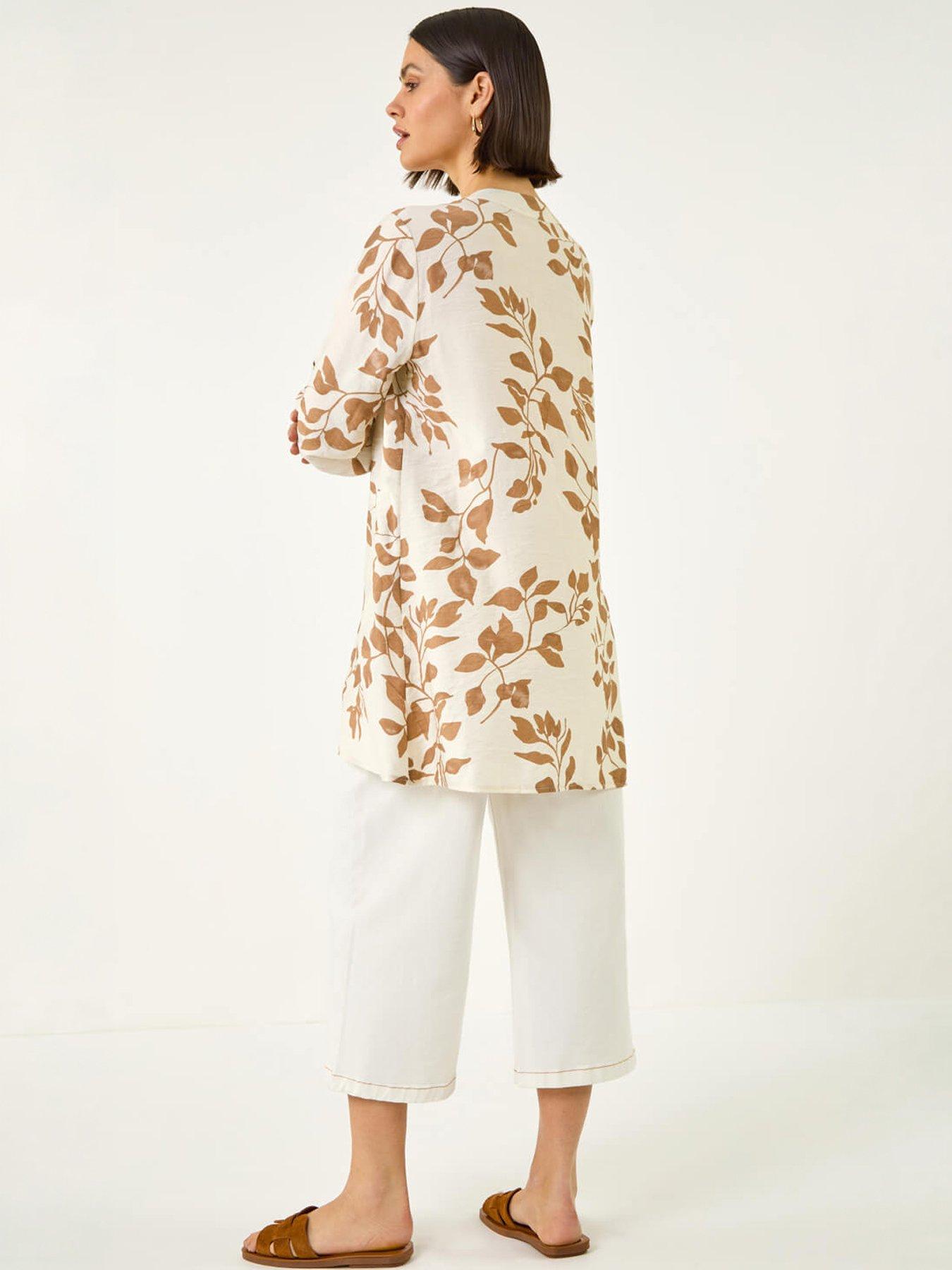  image of roman-leaf-print-wrap-hem-tunic-top