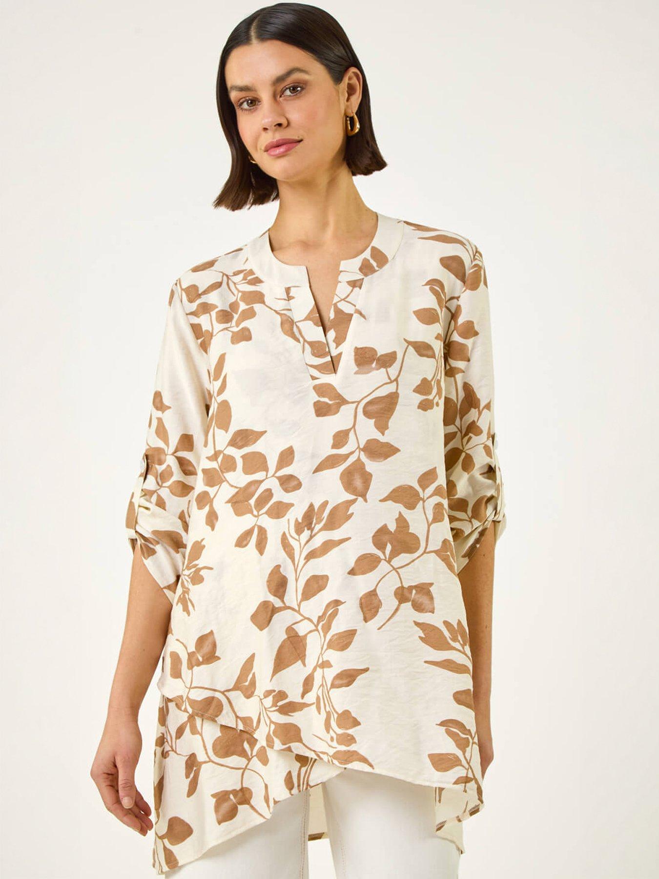  image of roman-leaf-print-wrap-hem-tunic-top