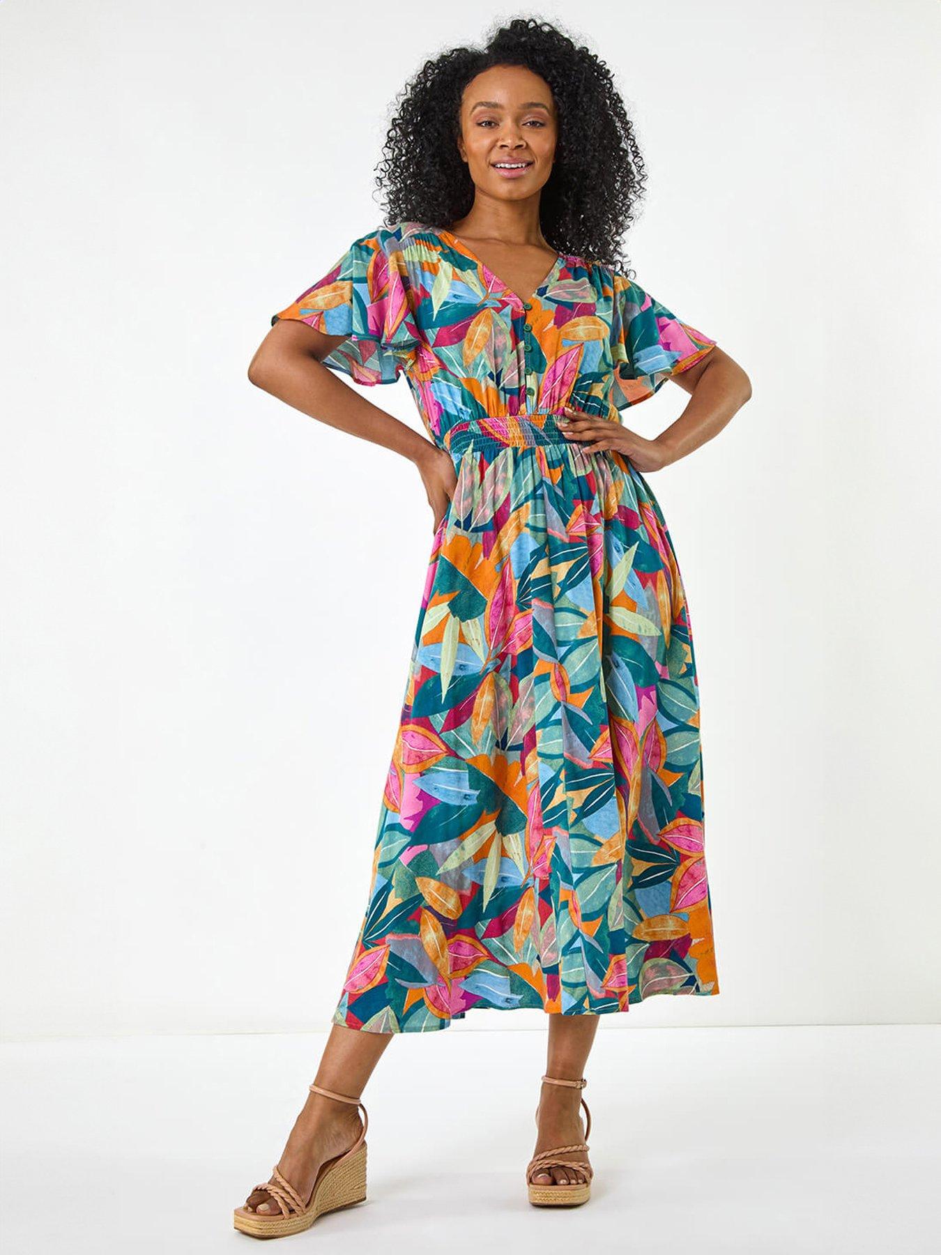 Roman Petite Leaf Print Shirred Midi Dress
