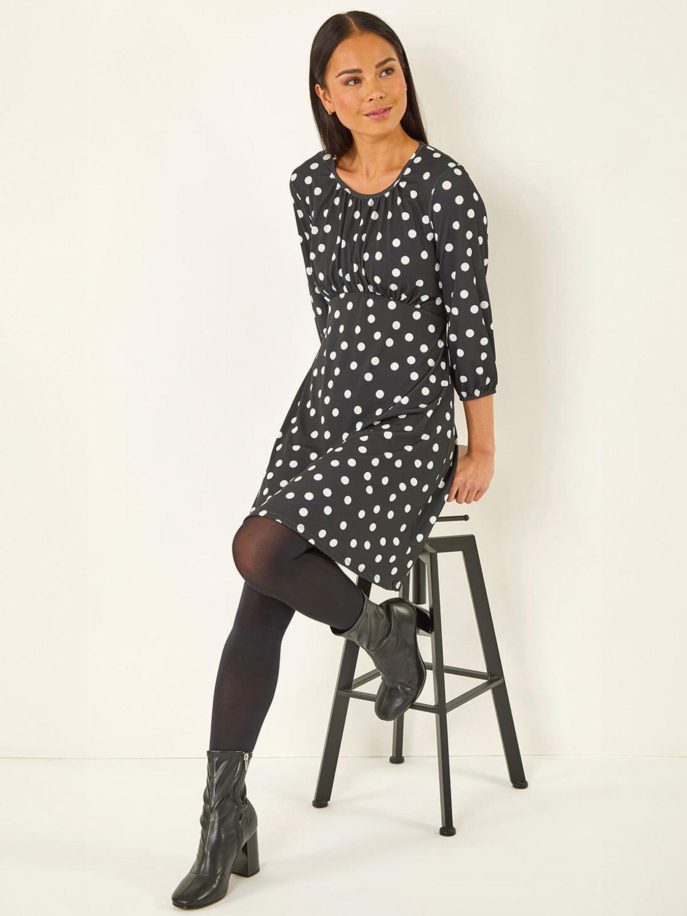 Roman Petite Polka Dot Gathered Stretch Dress