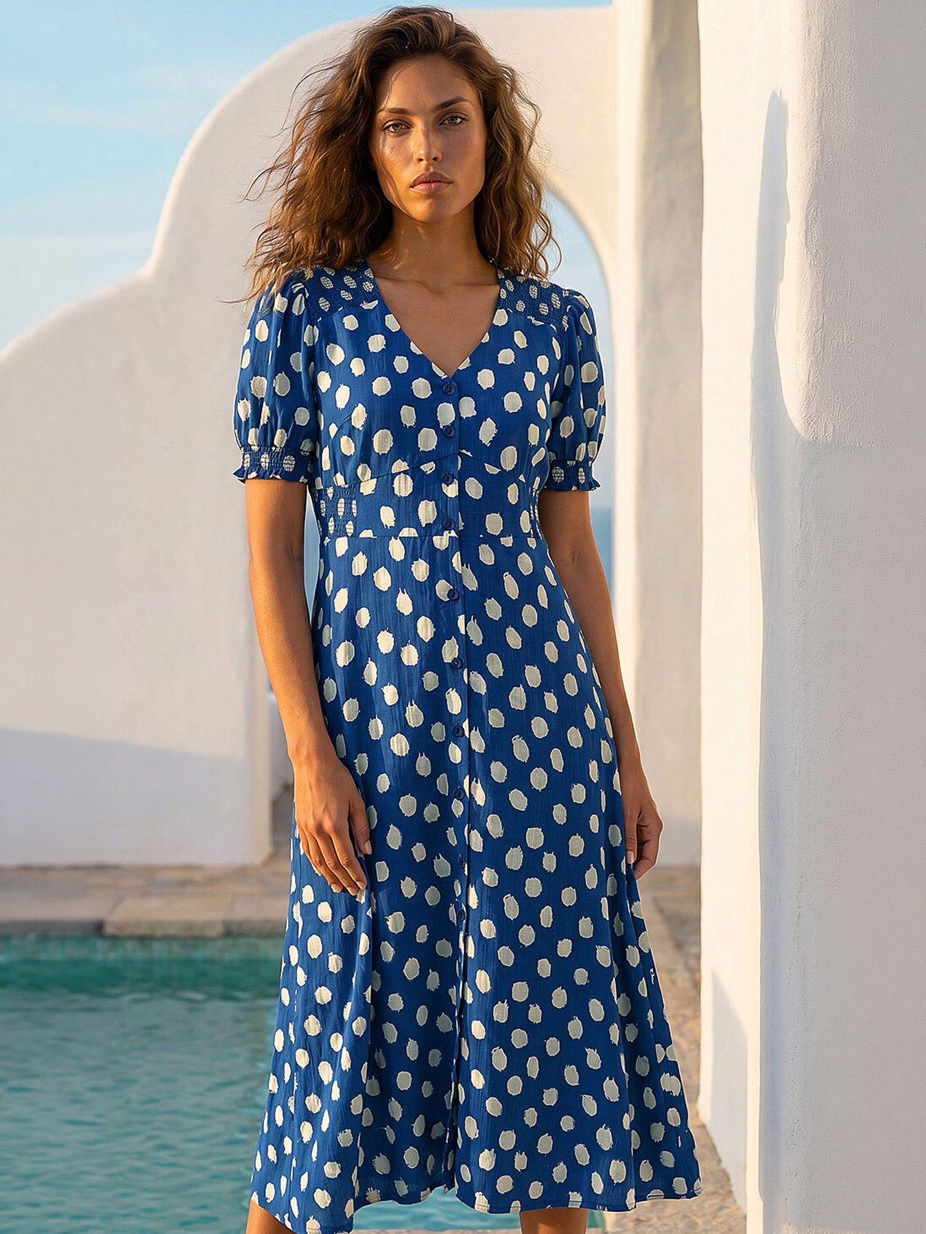 front image of roman-spot-print-button-midi-dress