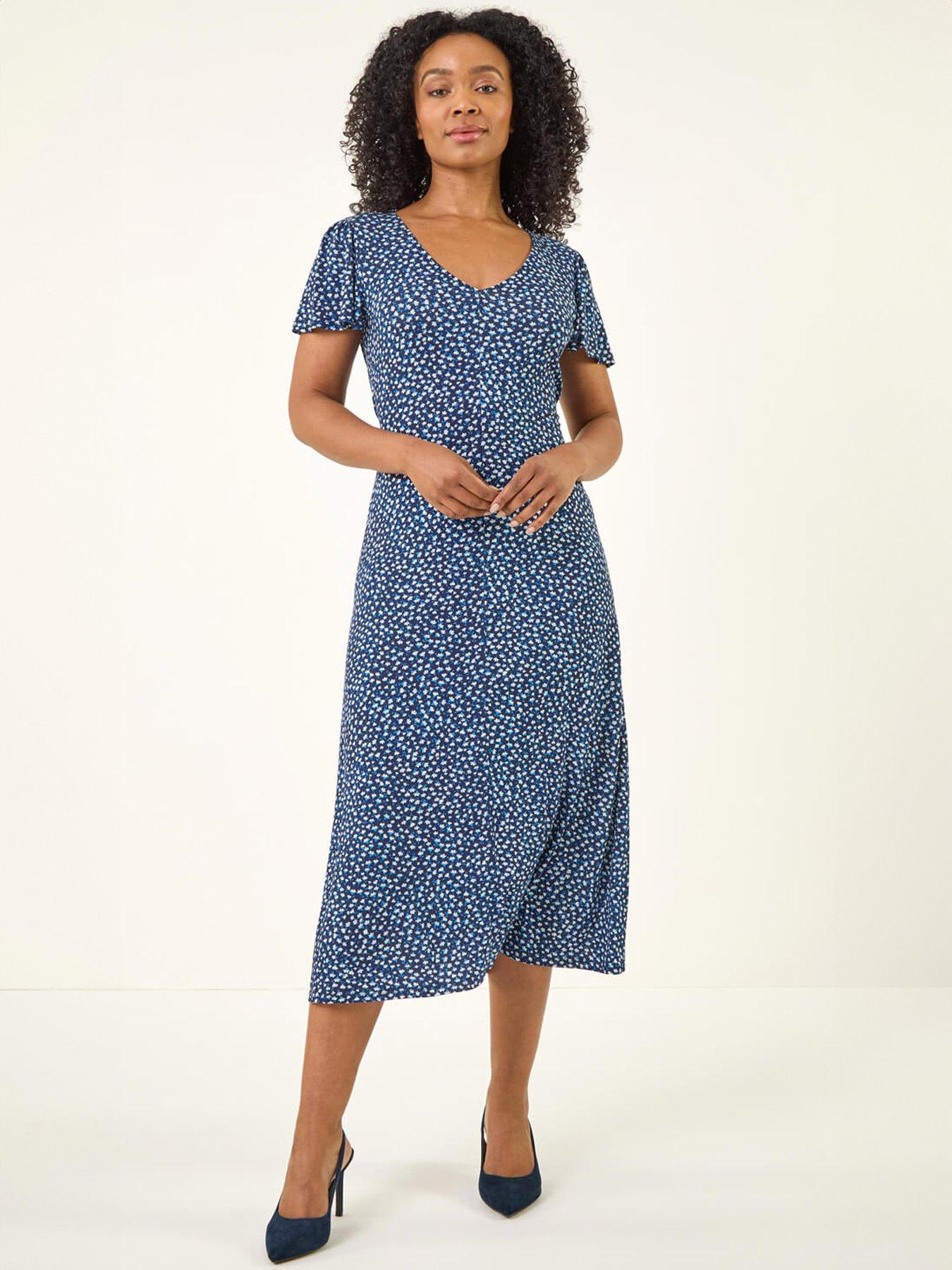 front image of roman-petite-v-neck-midi-dres