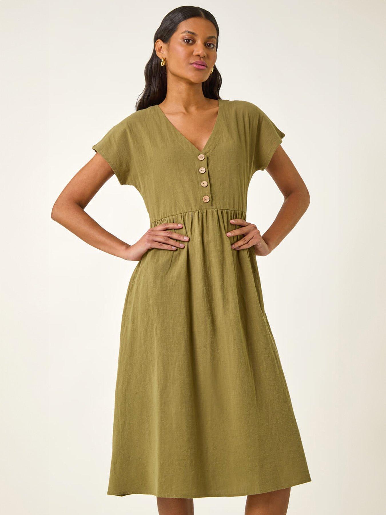 Image 3 of 5 of Roman Linen Look Button Midi Dress