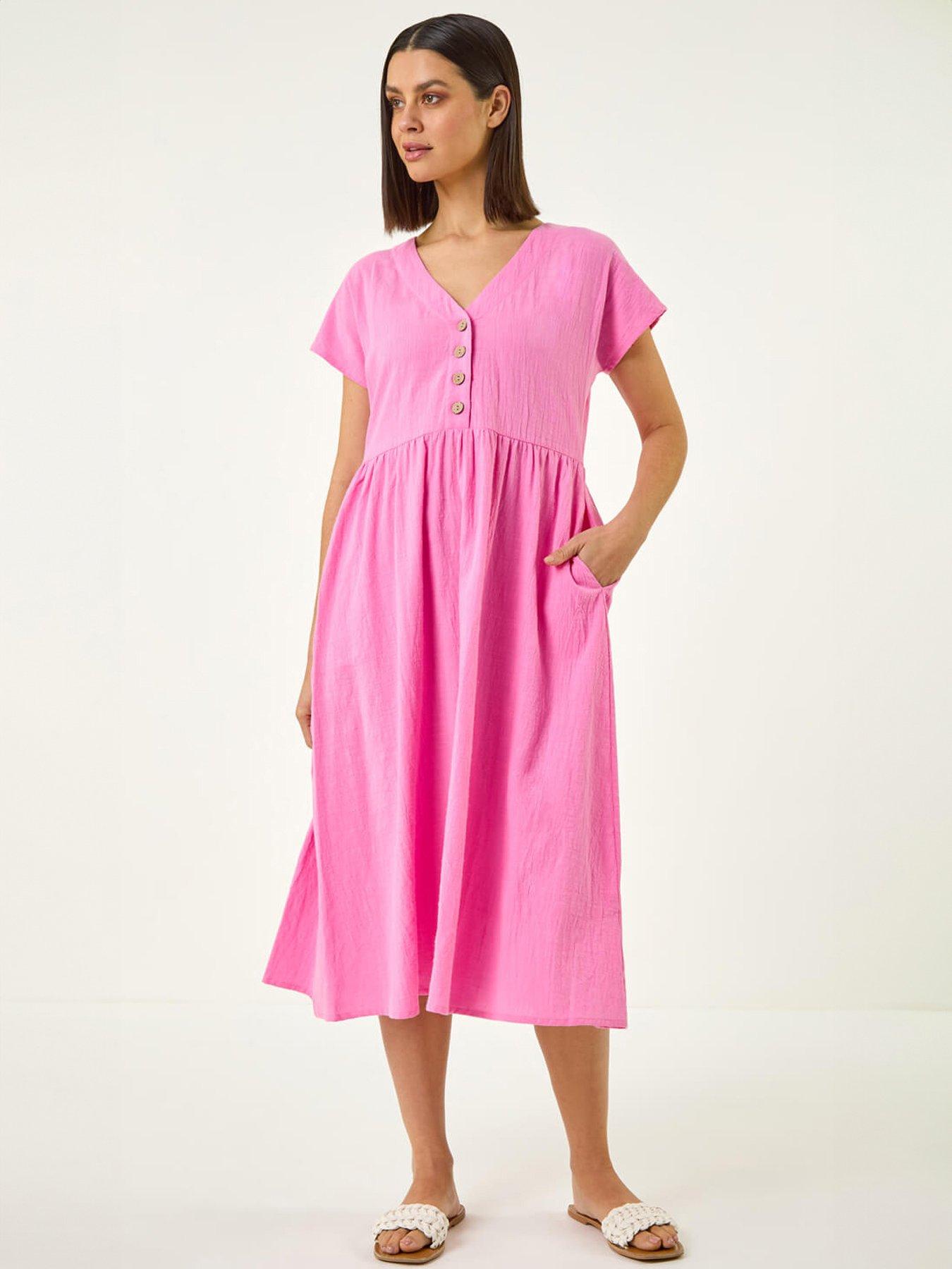 front image of roman-linen-look-button-midi-dress