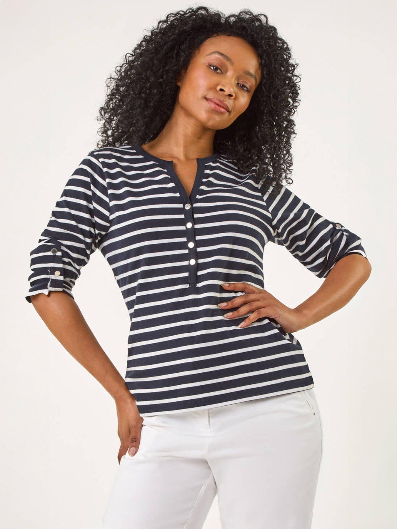  image of roman-petite-stripe-v-neck-button-top