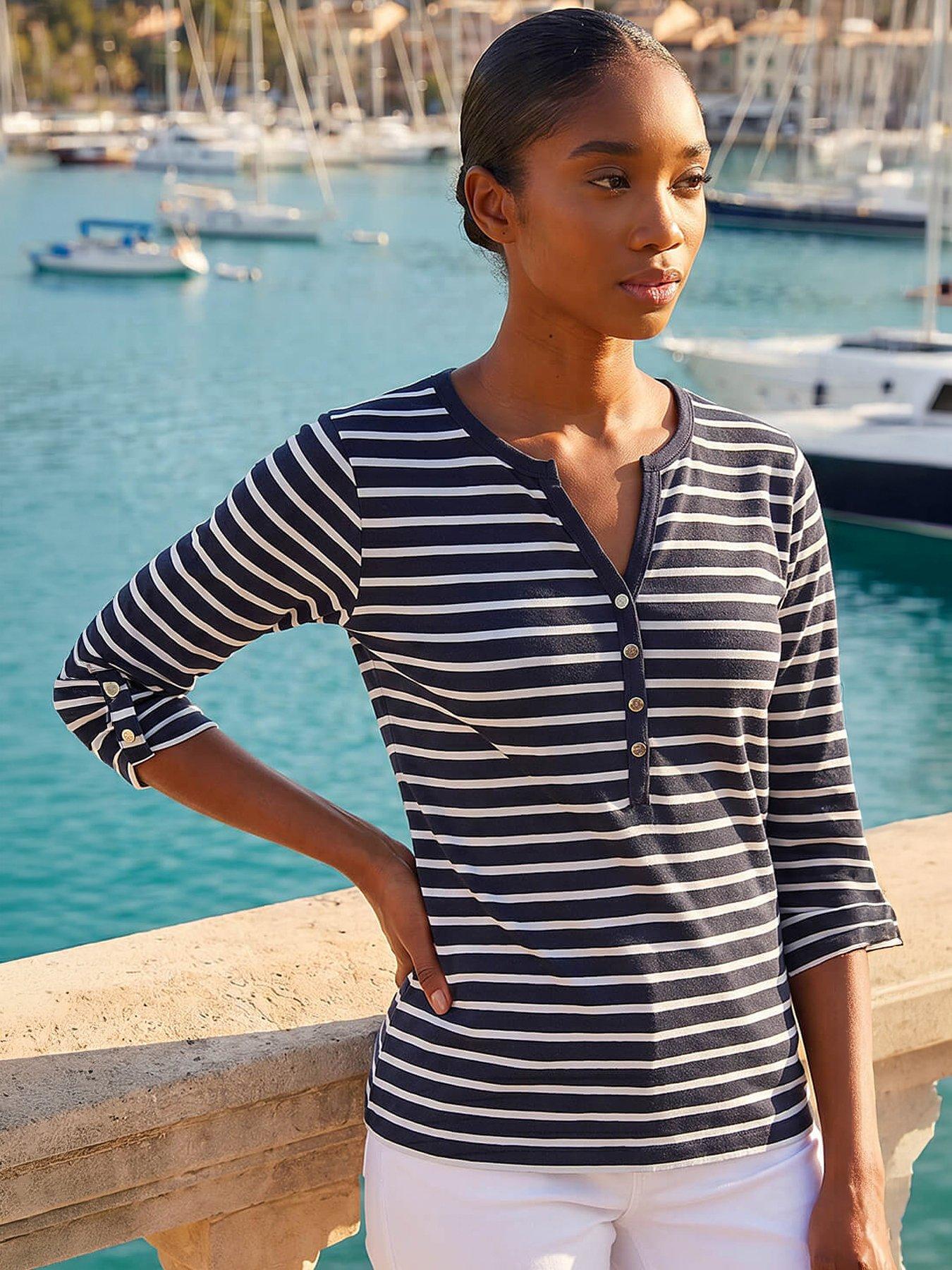 front image of roman-petite-stripe-v-neck-button-top