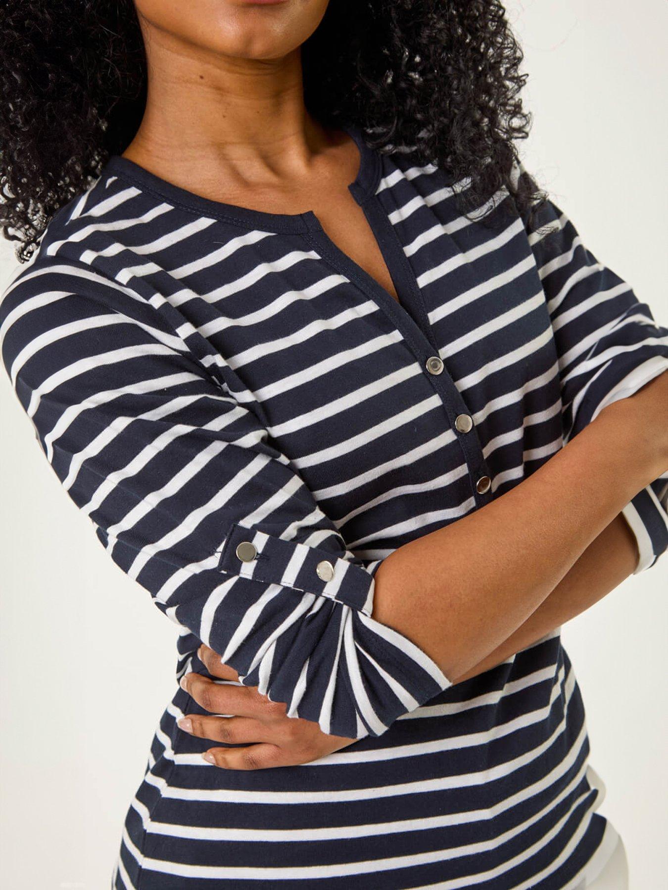  image of roman-petite-stripe-v-neck-button-top